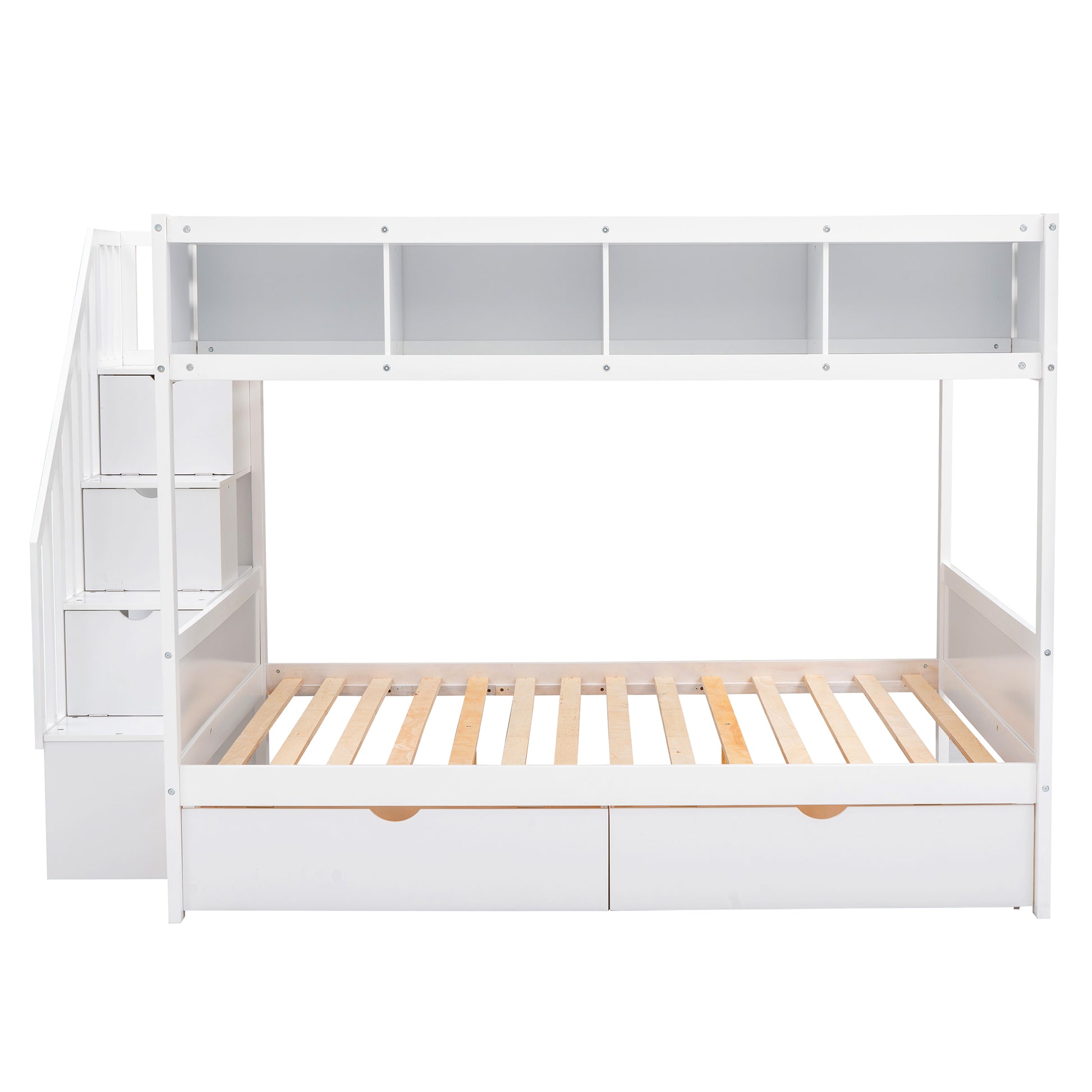 White wooden bunk bed with stairs and storage drawers