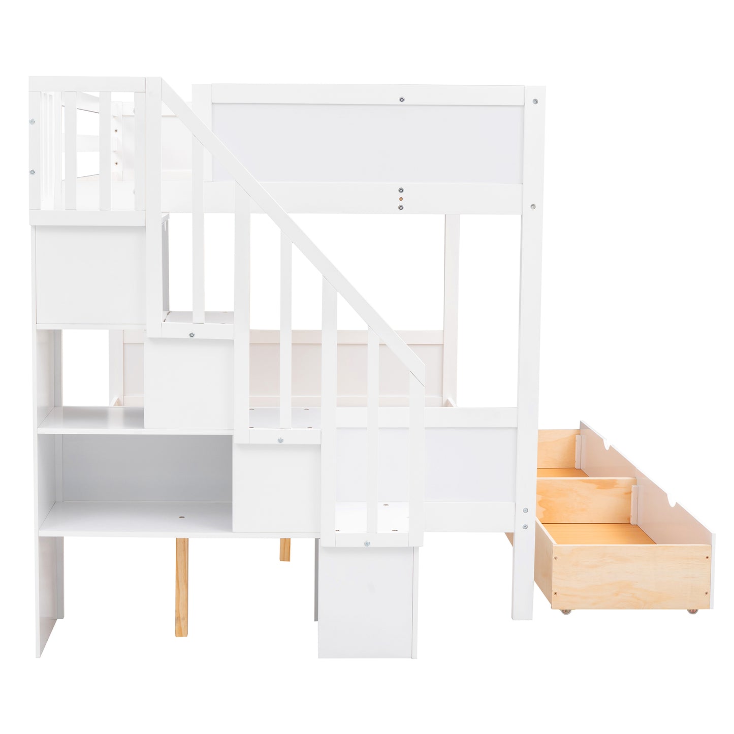 White wooden loft bed with integrated storage stairs and drawer
