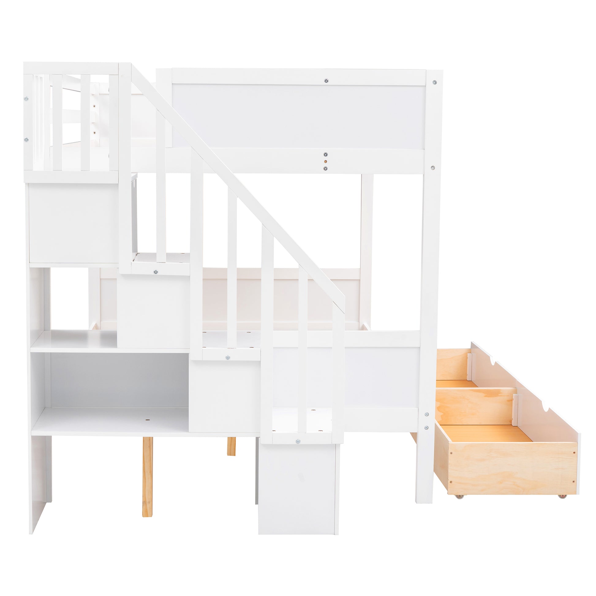 White wooden loft bed with integrated storage stairs and drawer