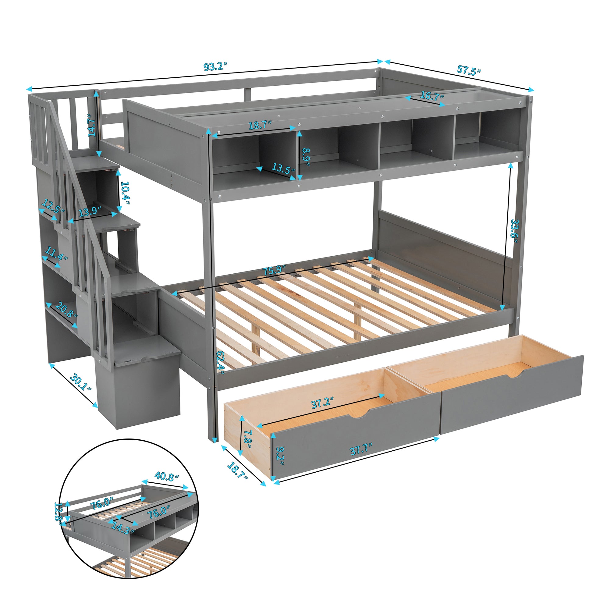 Grey wooden bunk bed with stairs and storage drawers