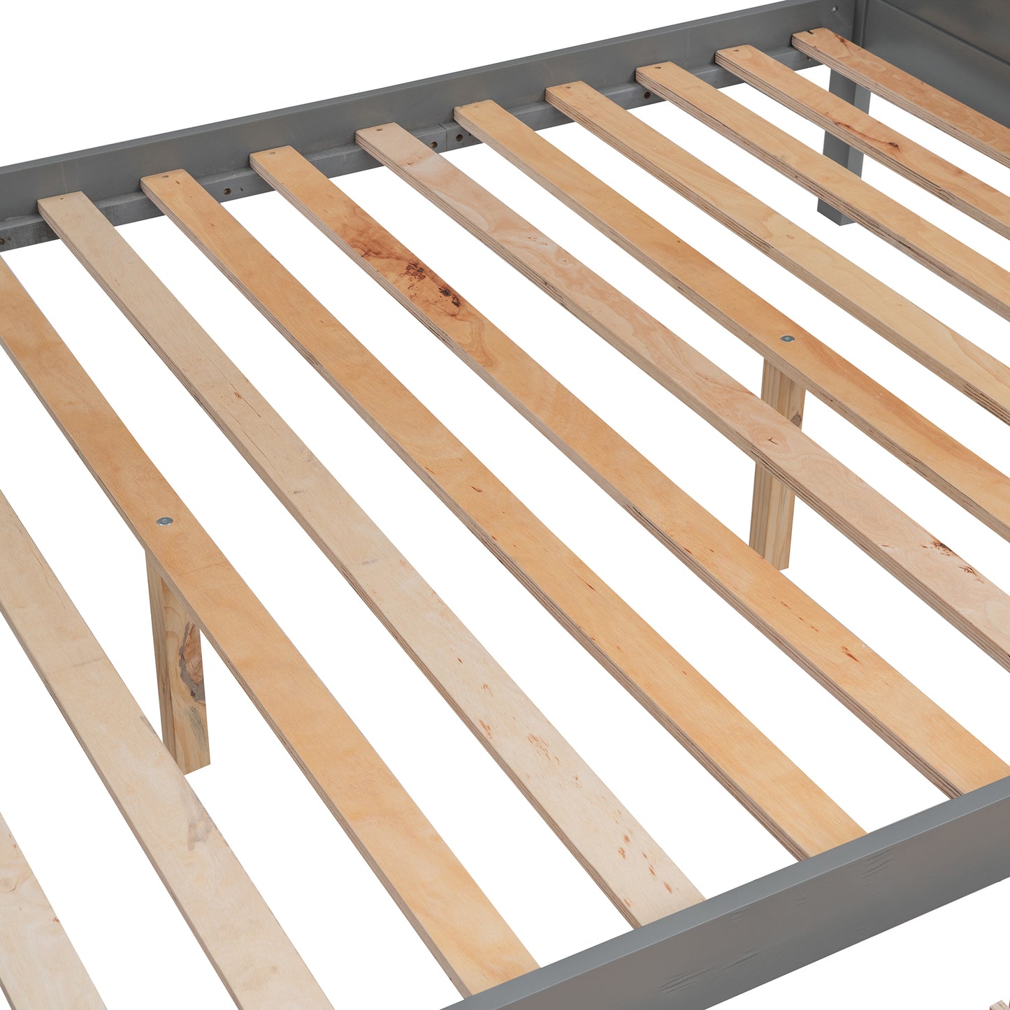 Closeup of grey wooden bed frame with natural wood slats