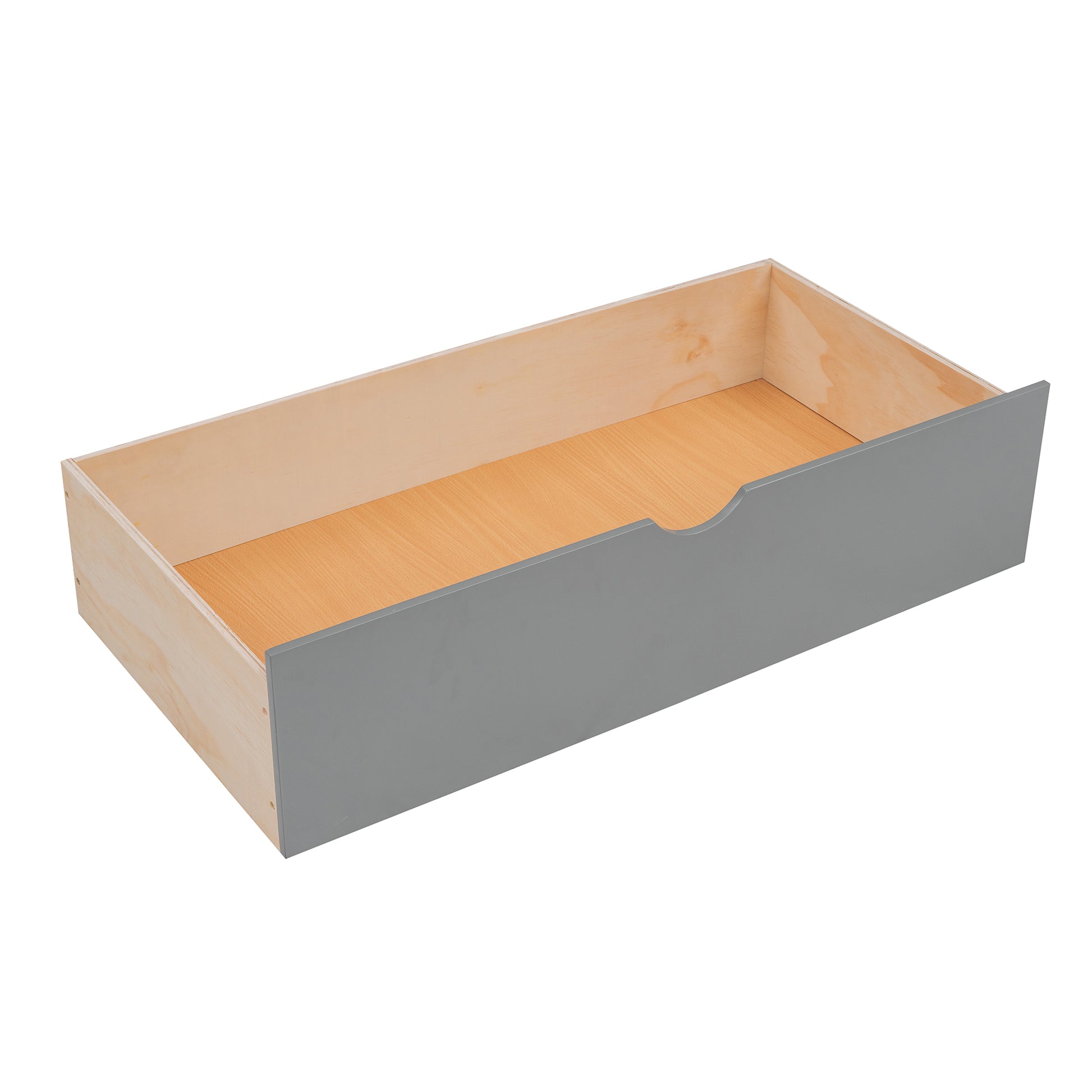 Gray wooden storage drawer with smooth slideout design