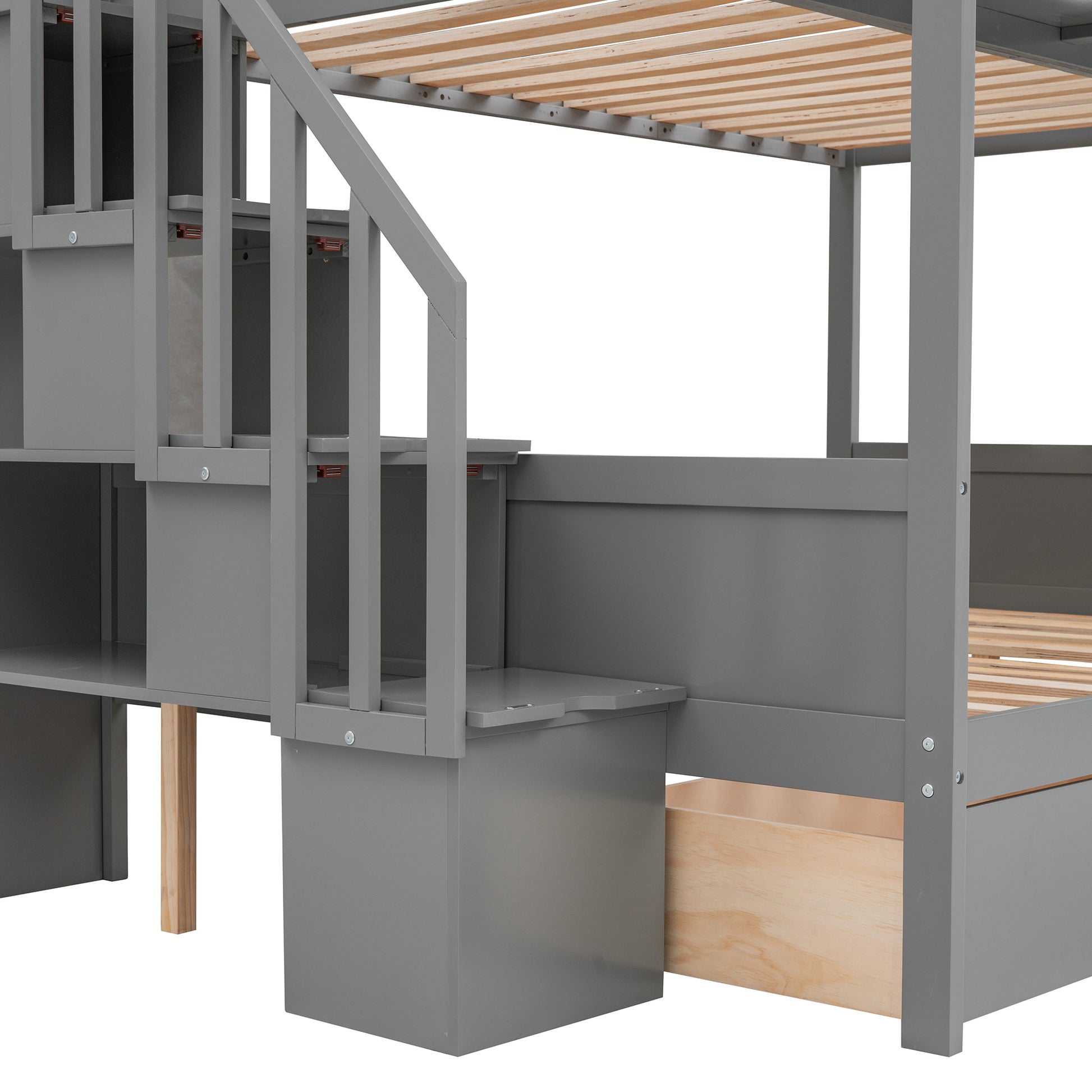 Grey bunk bed with staircase and storage drawers
