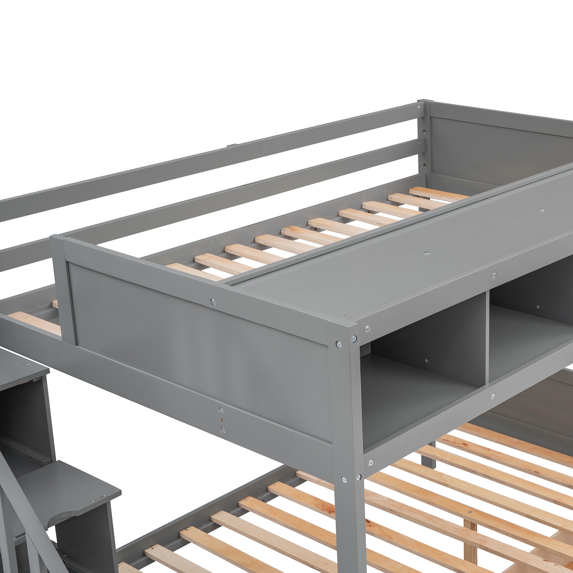 Gray twin over twin bunk bed with stairs and storage shelves