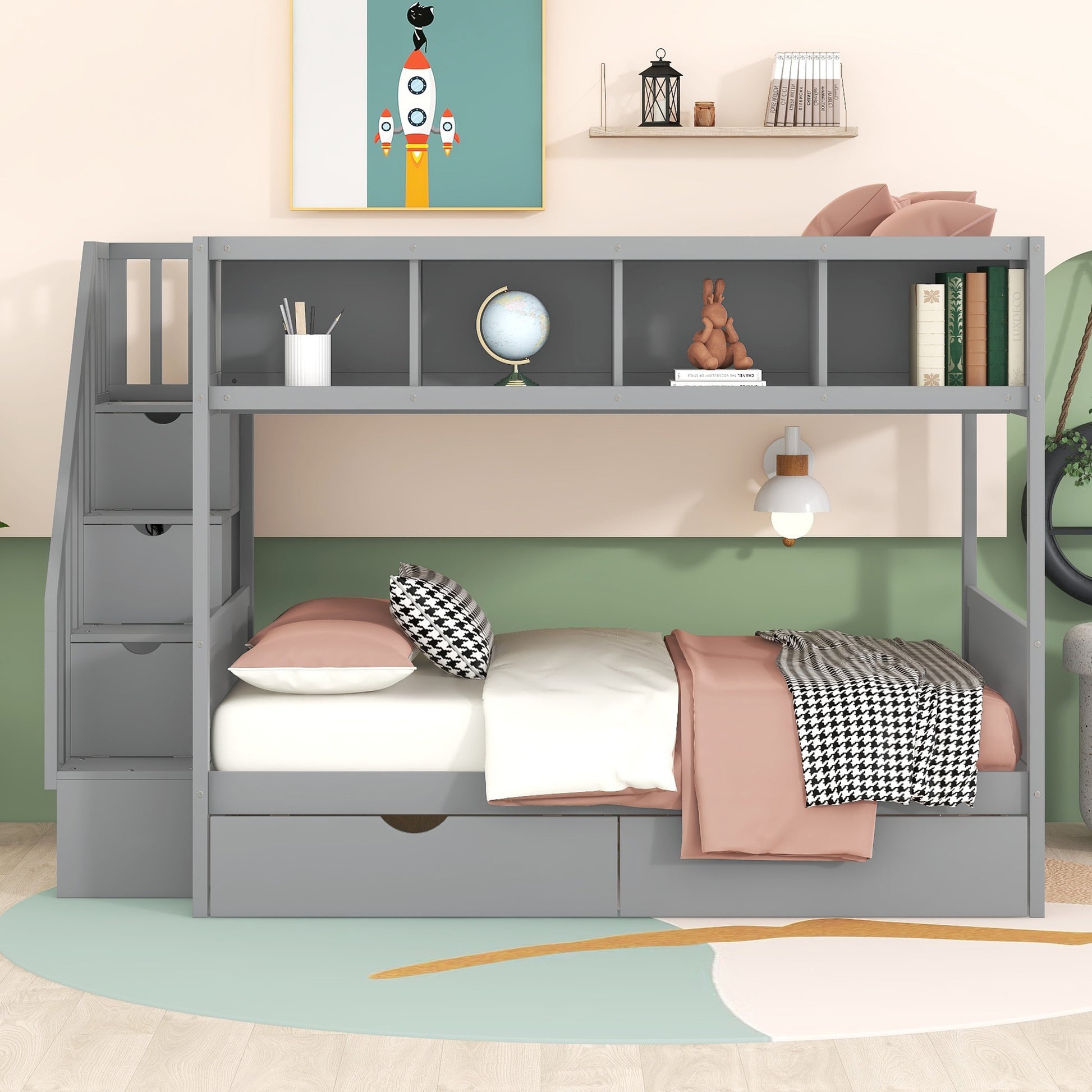 Gray wooden bunk bed with stairs and storage drawers