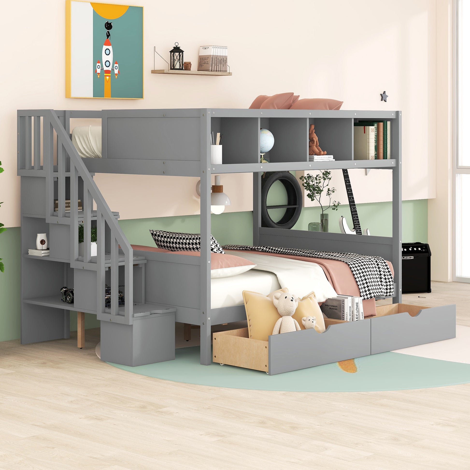 Gray wooden bunk bed with ladder and storage drawers for kids room