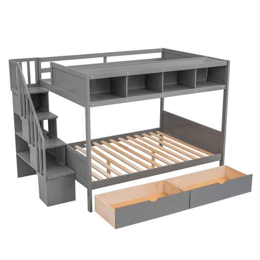 Gray wooden bunk bed with stairs and storage drawers