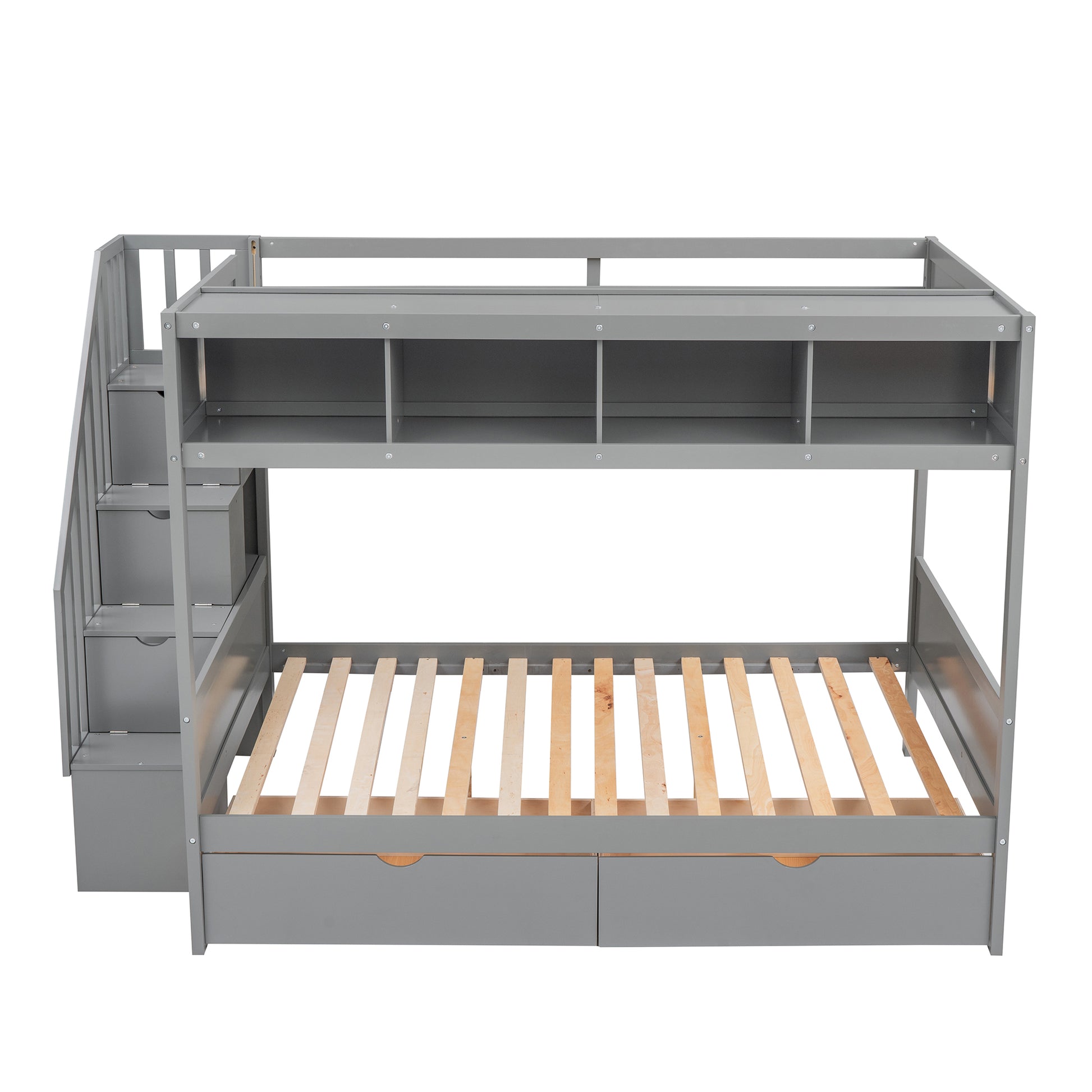 Gray wooden bunk bed with stairs and storage drawers