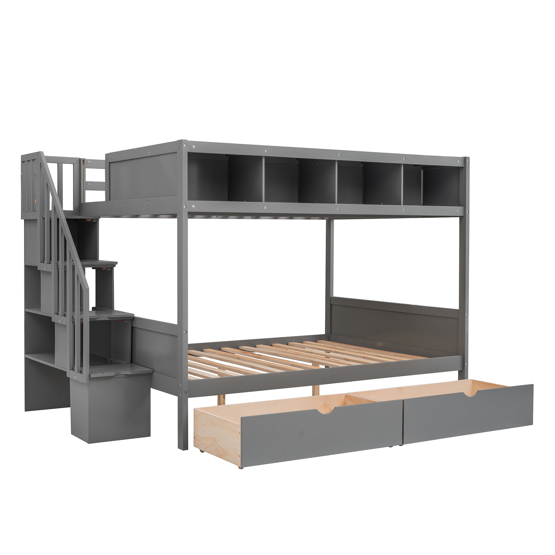 Gray wooden bunk bed with storage drawers and staircase