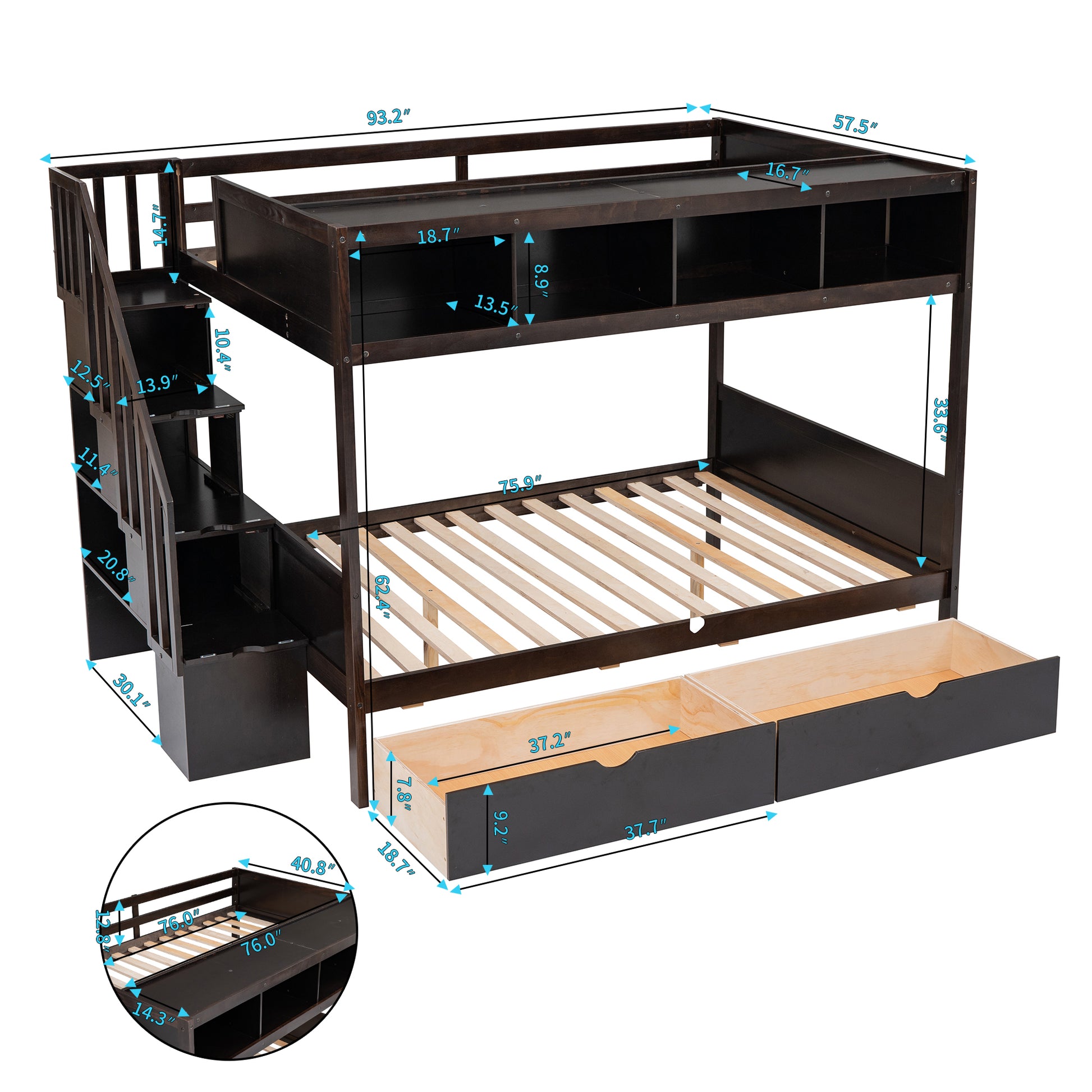 Dark brown wooden bunk bed with stairs and storage drawers