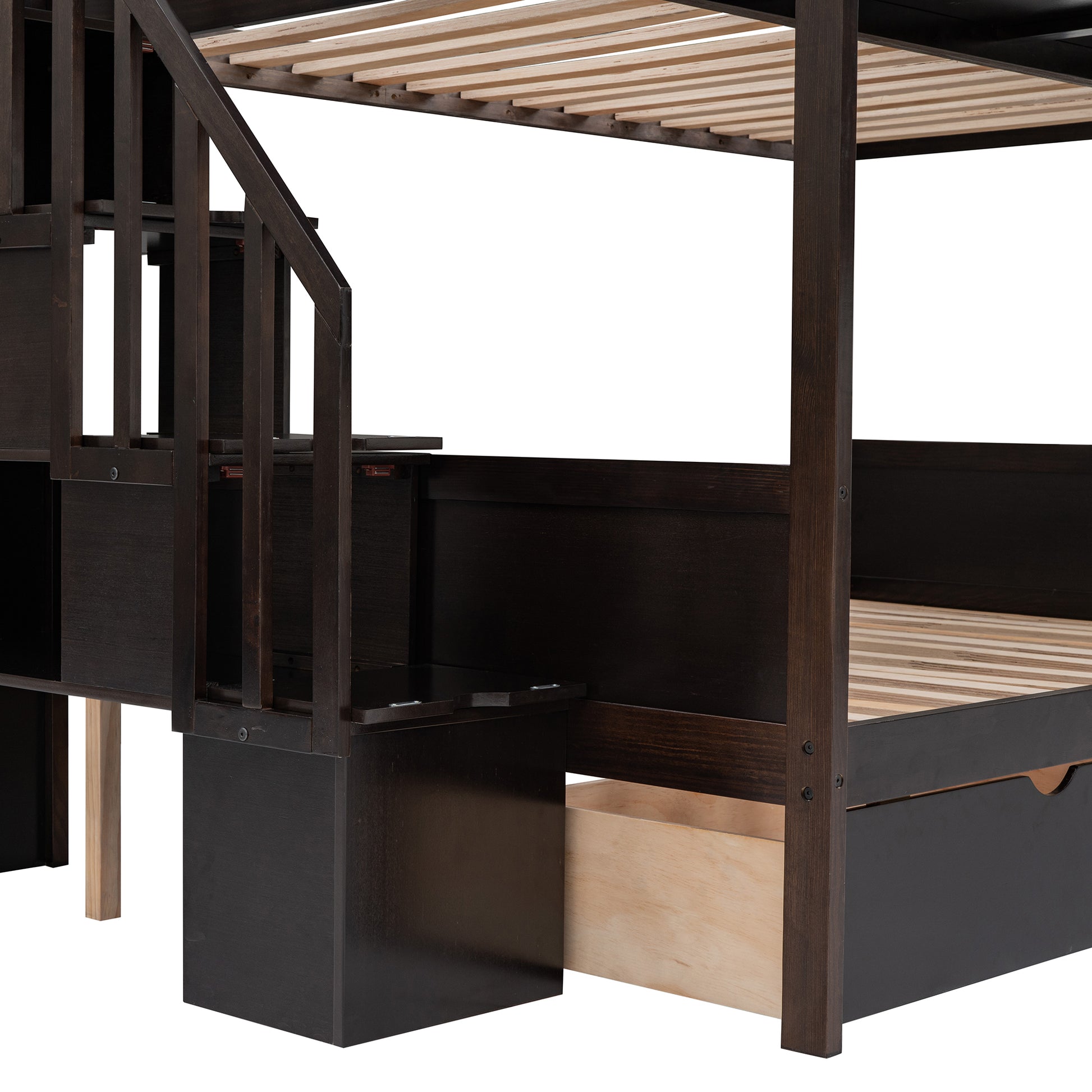 Dark wood bunk bed stairs with integrated storage drawers