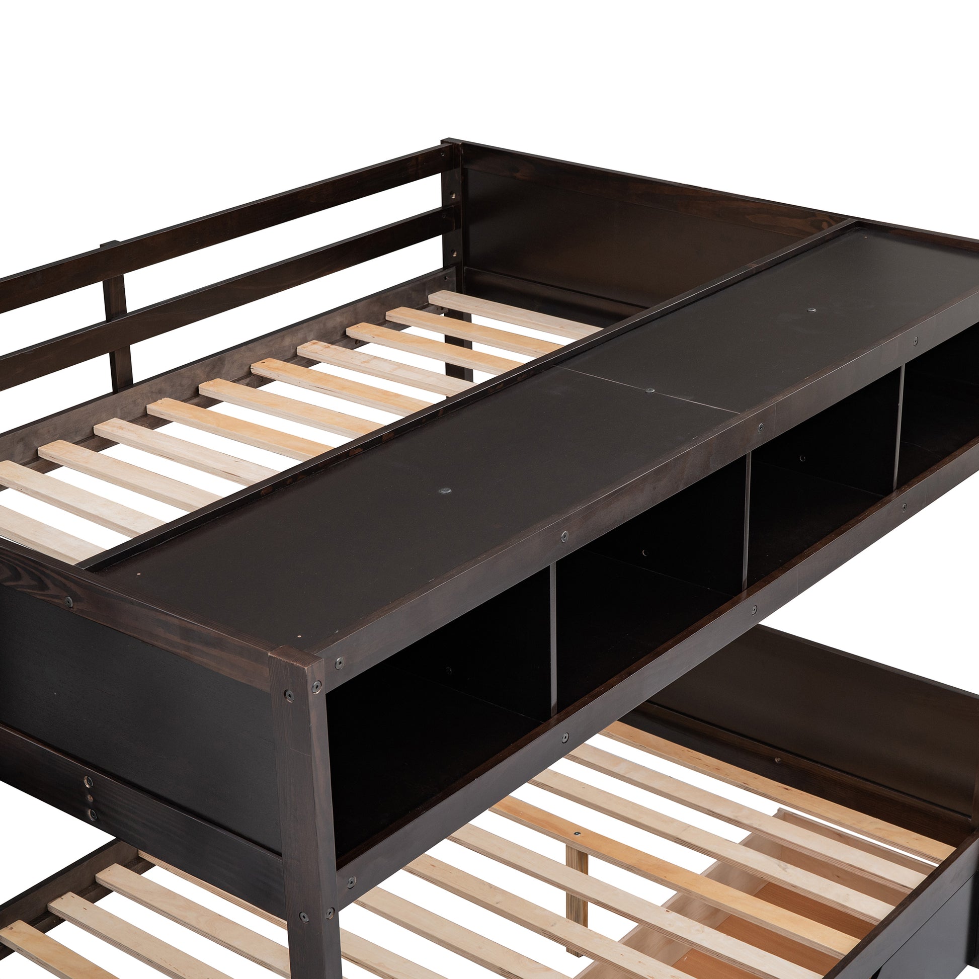 Dark brown wood bunk bed frame with builtin storage shelves