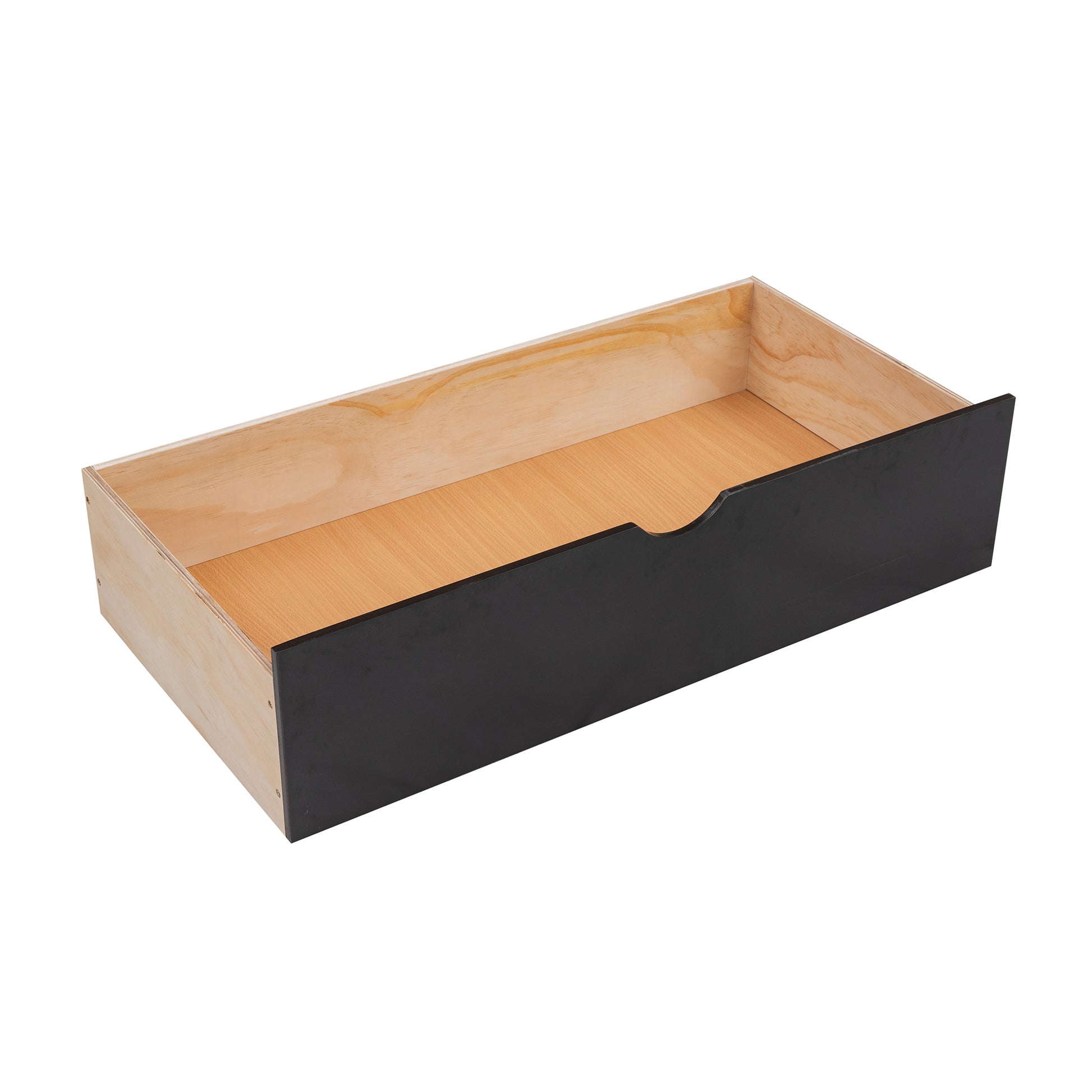 Black wooden drawer with a cutout handle and natural wood interior