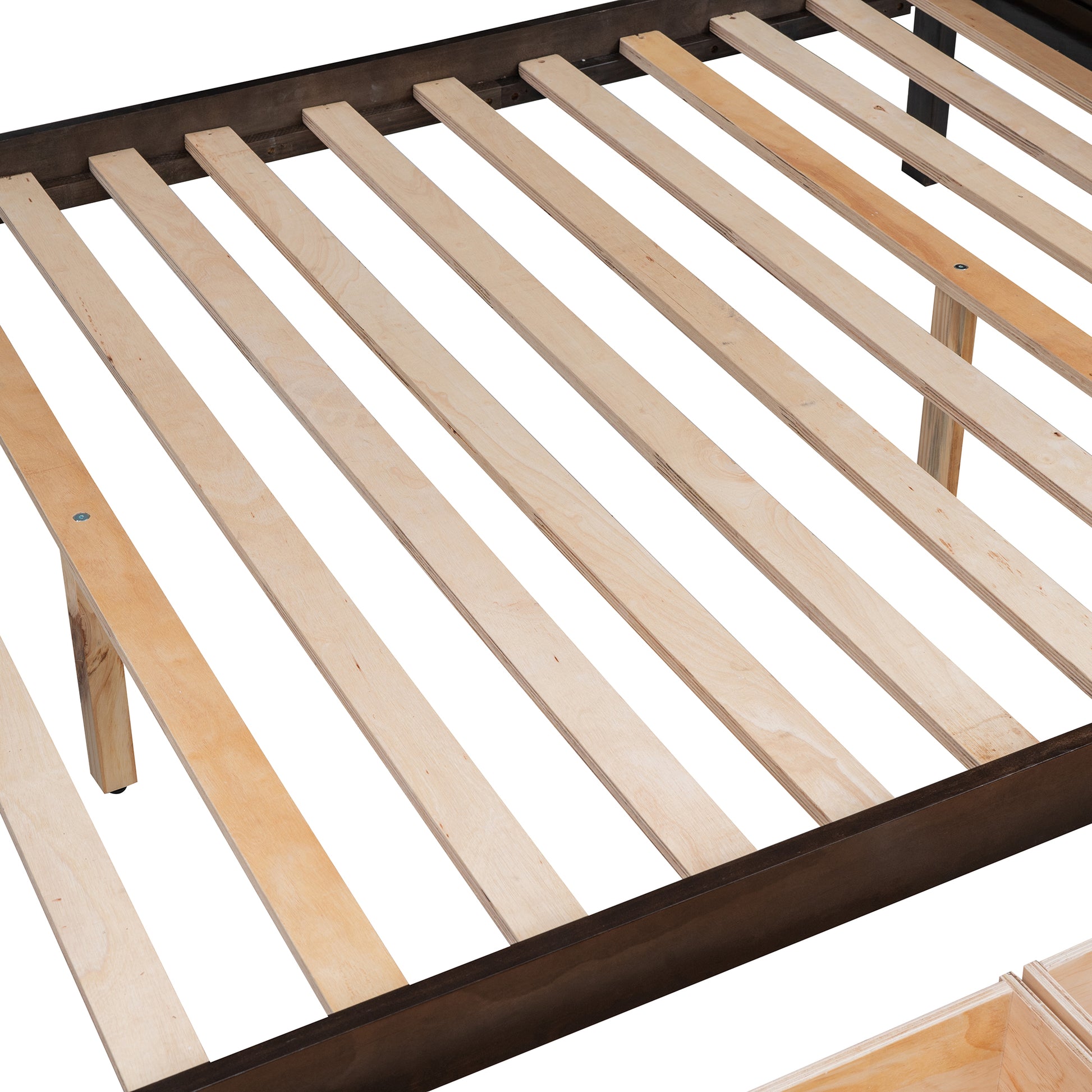 Close up of wooden bed slats and dark brown frame