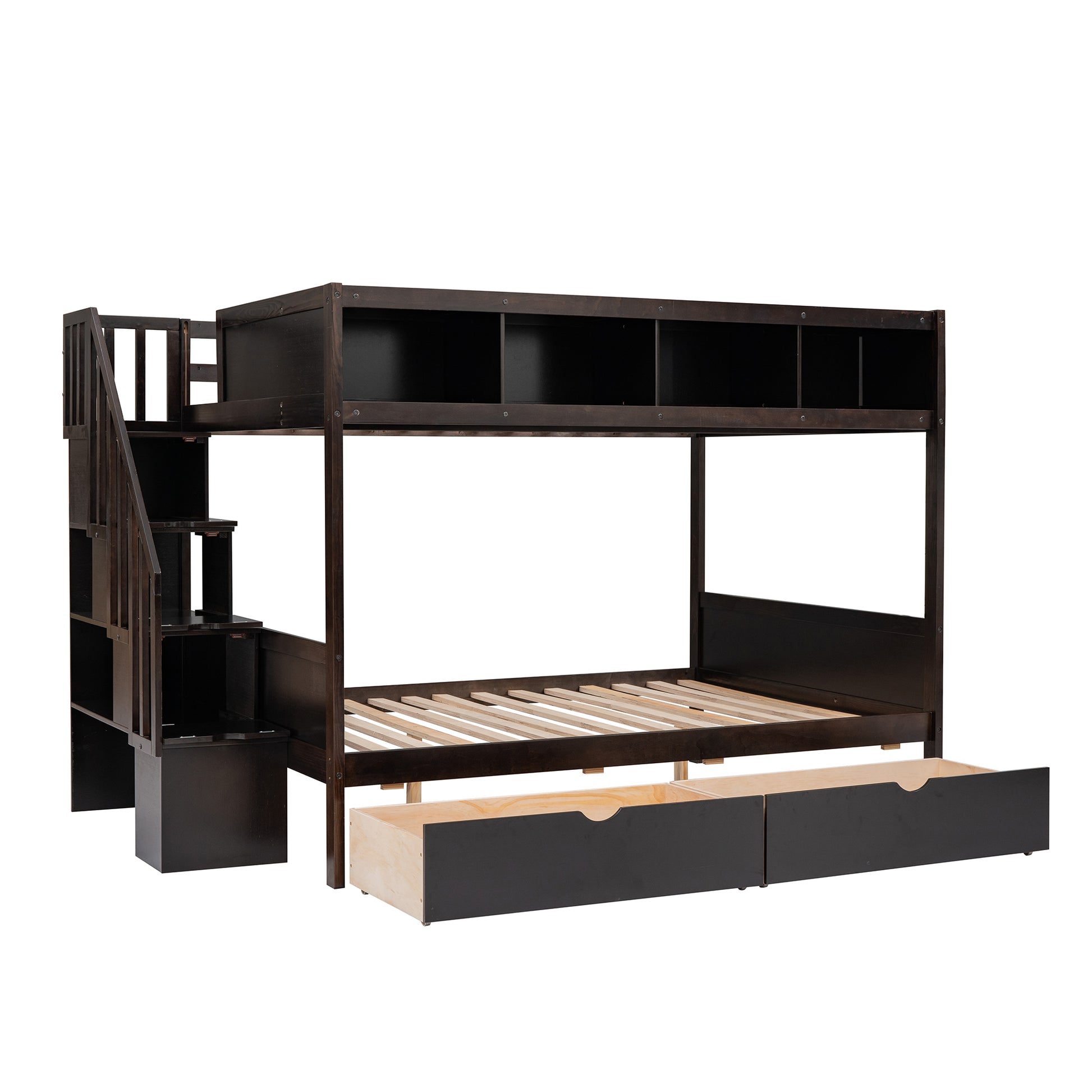 Dark wood bunk bed with stairs and storage drawers