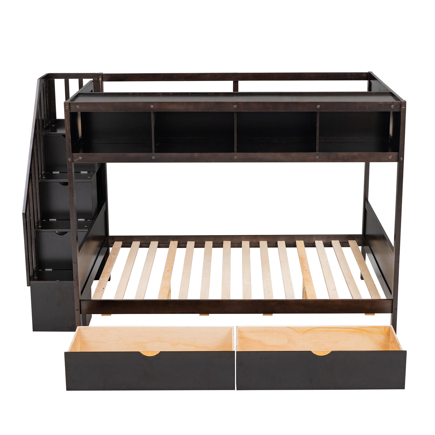 Dark brown wooden bunk bed with stairs and storage drawers