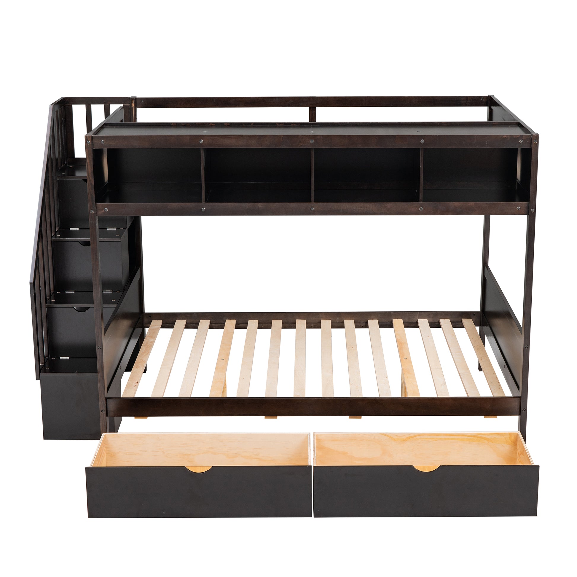 Dark brown wooden bunk bed with stairs and storage drawers