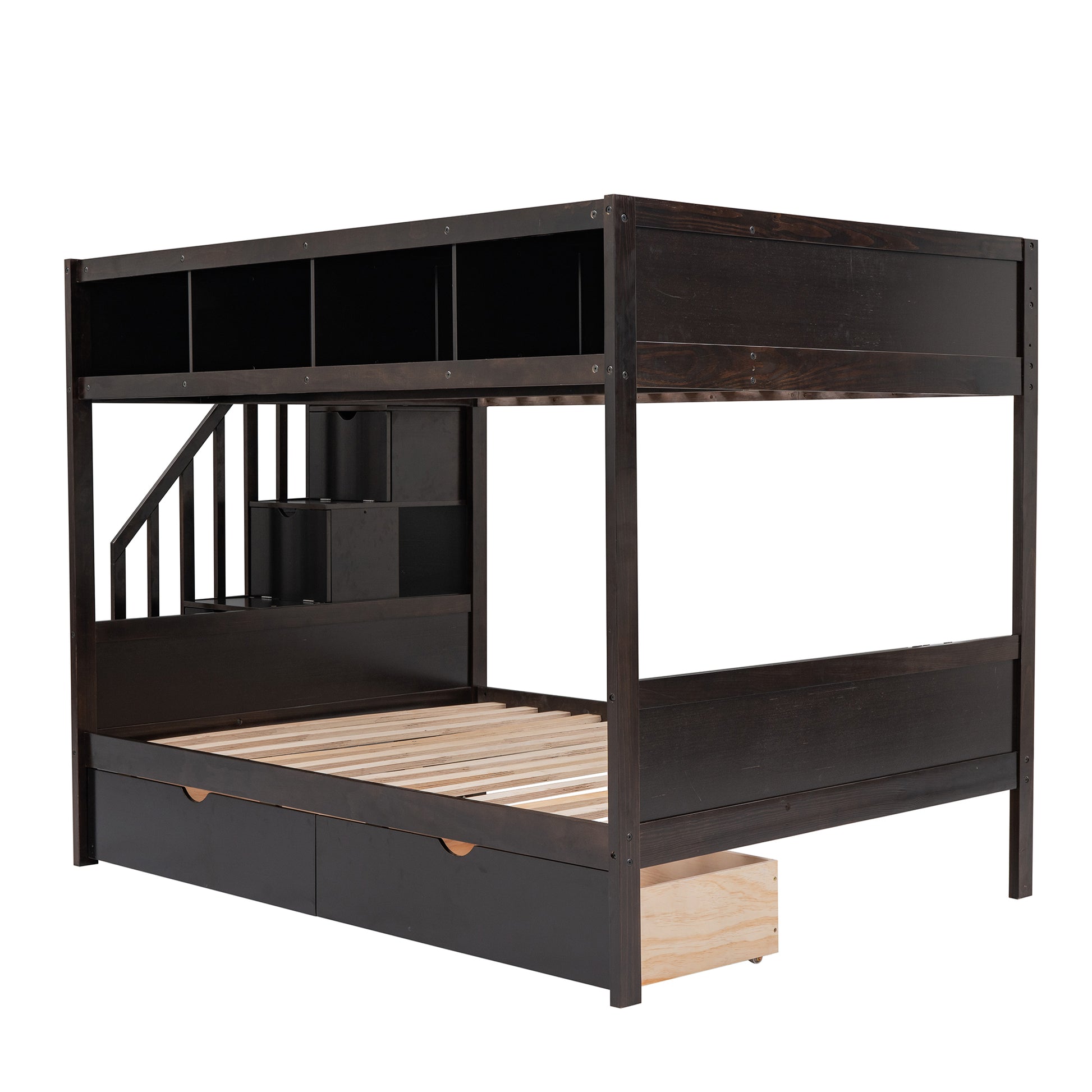 Dark brown wooden bunk bed with stairs and builtin storage drawers
