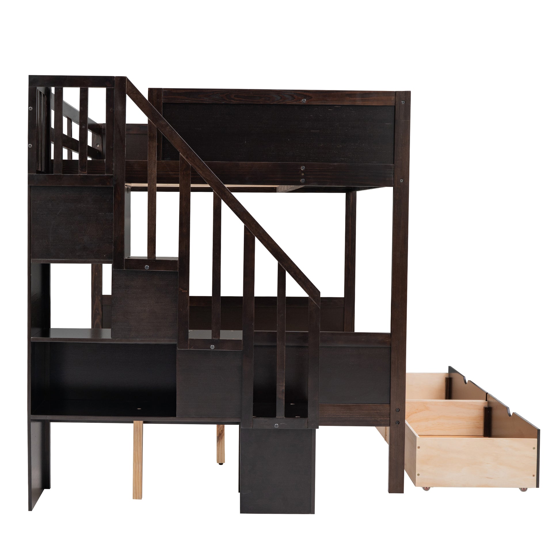 Dark wood loft bed with stairs and storage drawers
