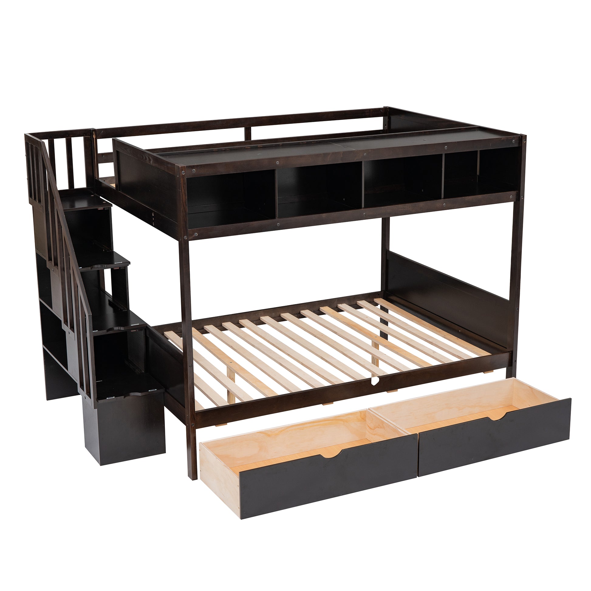 Dark brown wooden bunk bed with stairs and storage drawers