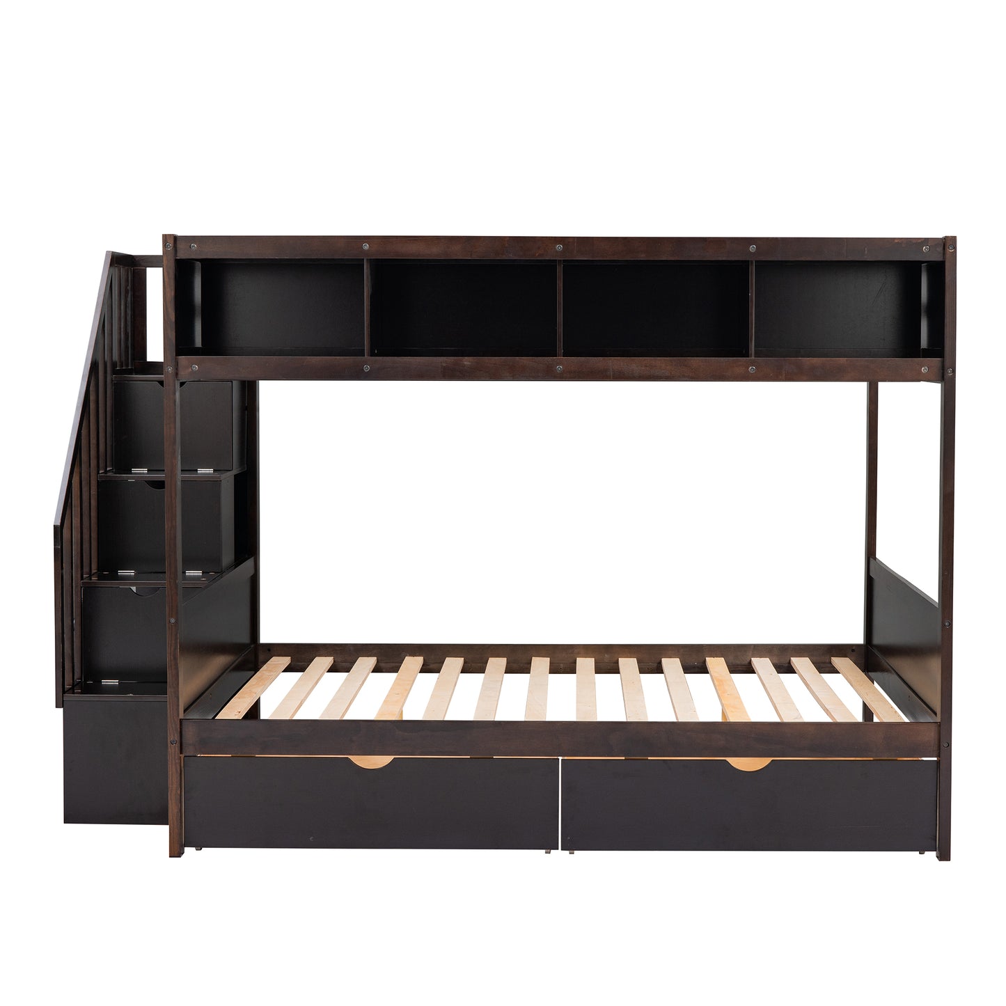 Dark brown wooden bunk bed with stairs and drawers