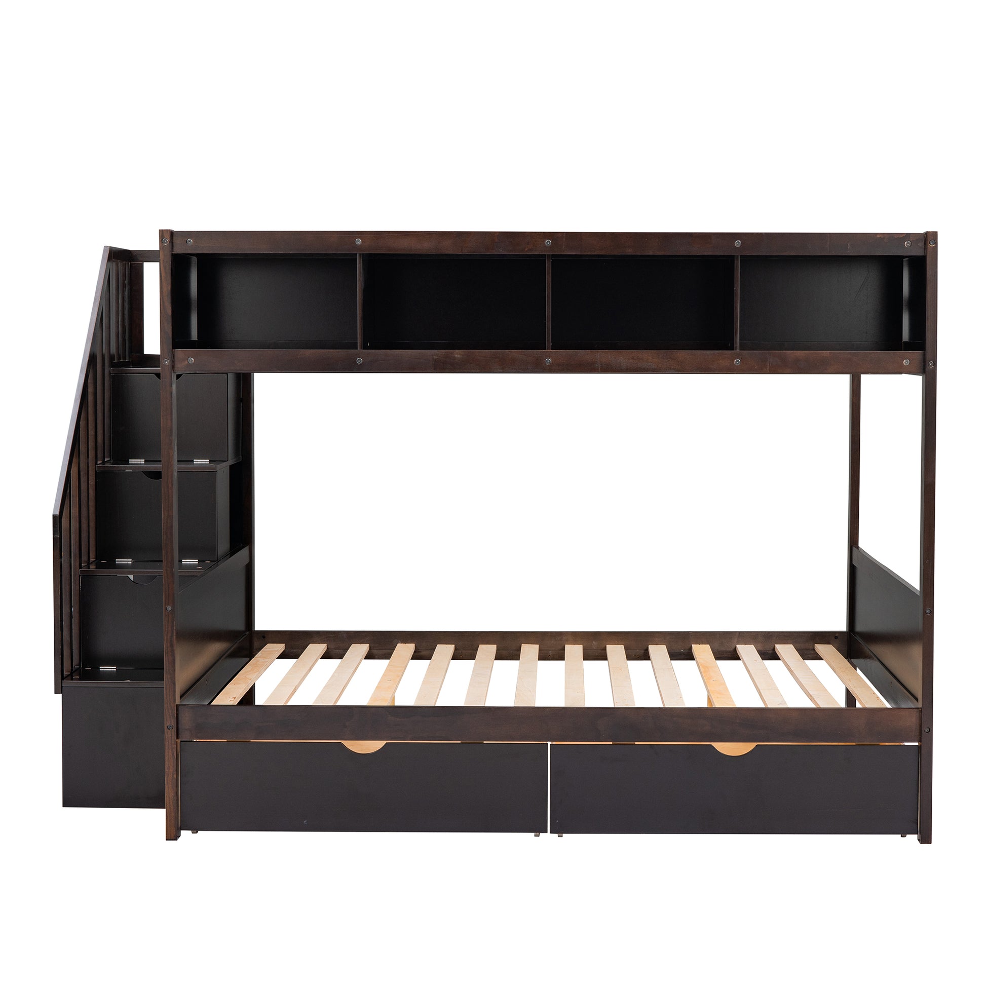 Dark brown wooden bunk bed with stairs and drawers