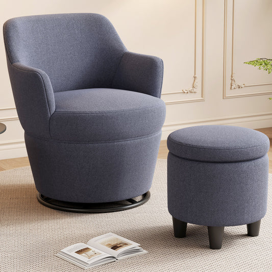 Navy blue fabric swivel accent chair with matching round ottoman on textured rug