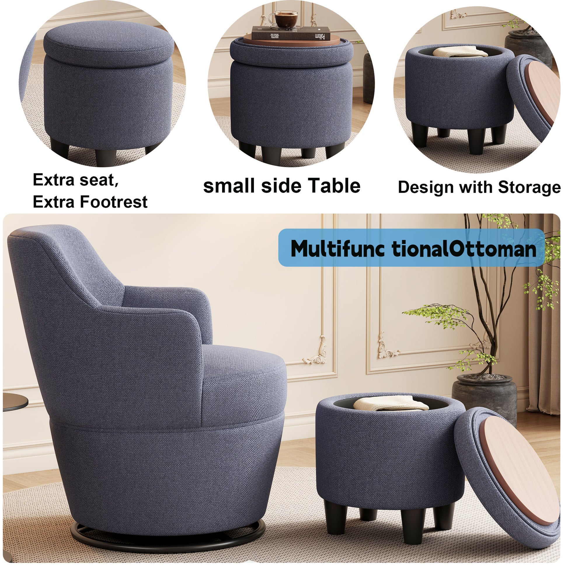 Dark grey fabric storage ottoman with wooden lid serving as footrest or seat