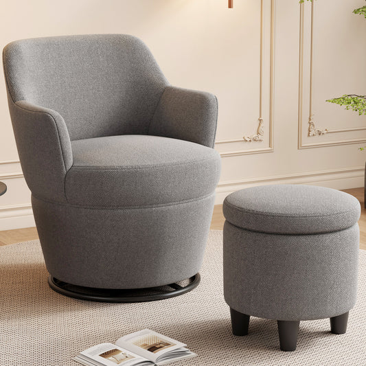 Gray fabric swivel accent chair with matching round ottoman