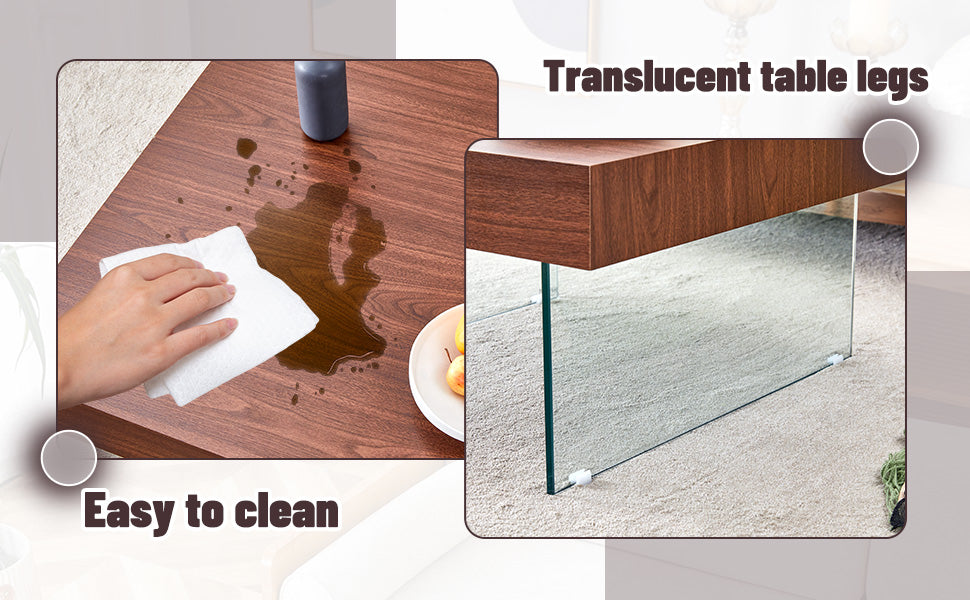 Wooden coffee table with a spill being wiped away showcasing its easy to clean surface