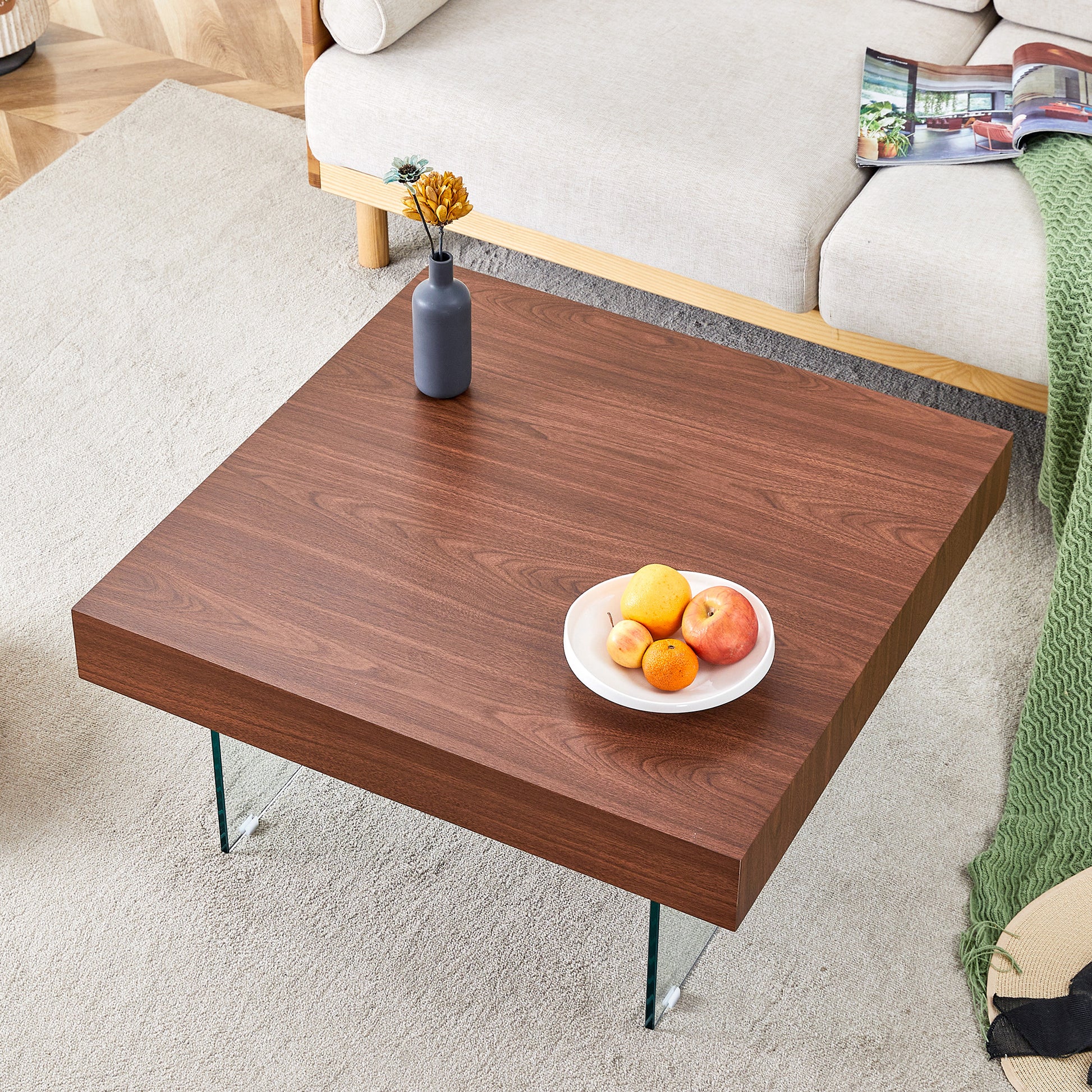 Square walnut veneer coffee table with clear glass legs modern living room furniture