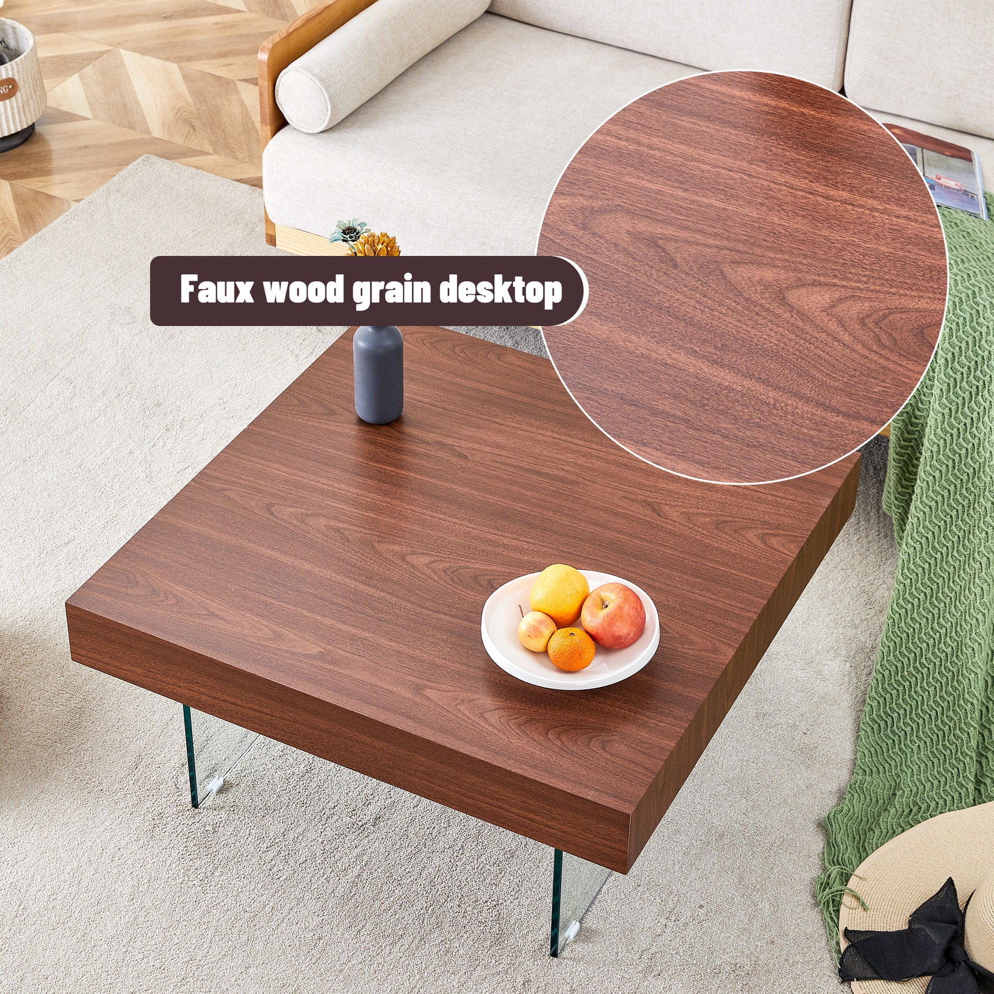 Square faux wood coffee table with clear glass legs showcasing rich brown grain