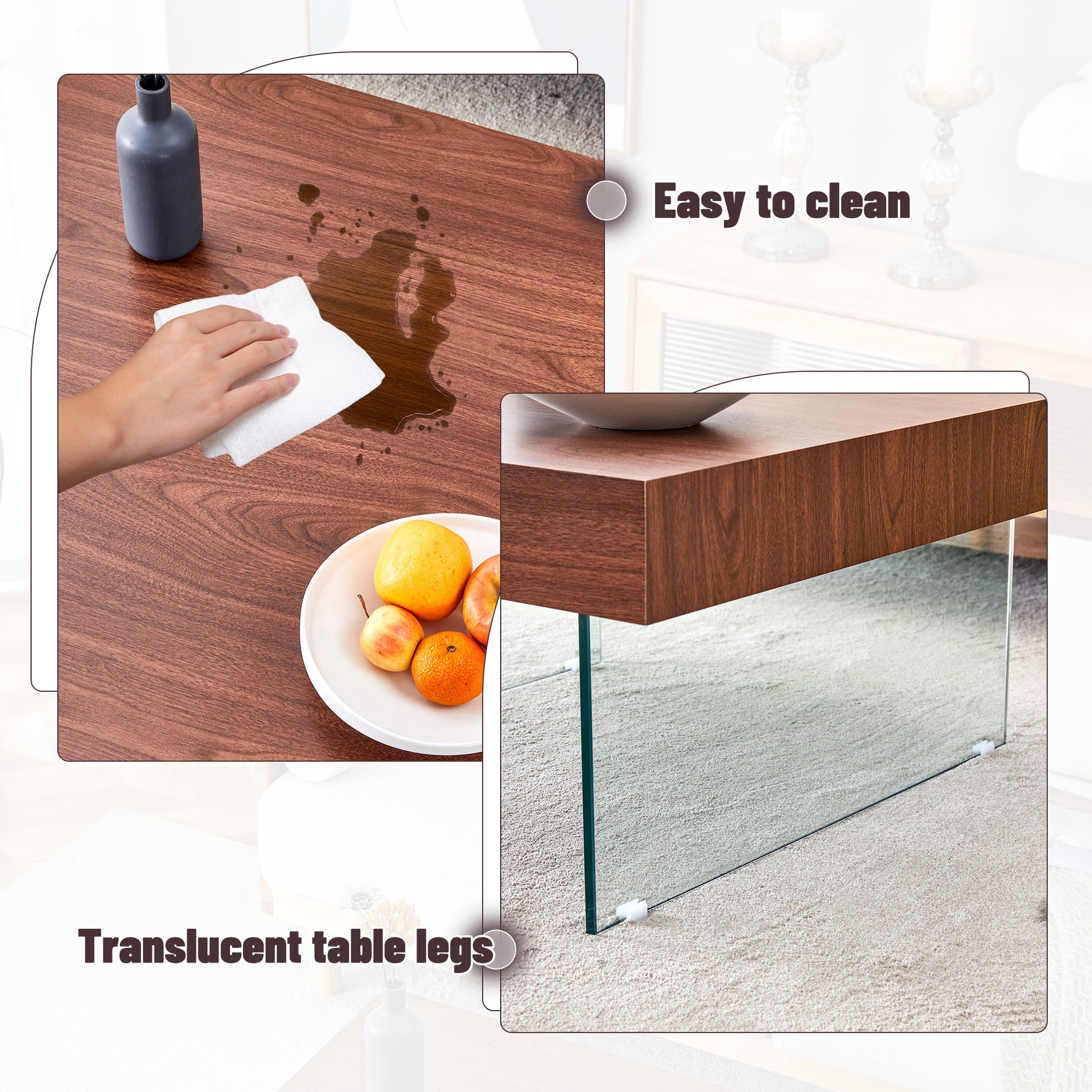Walnut veneer coffee table surface being wiped clean with white cloth