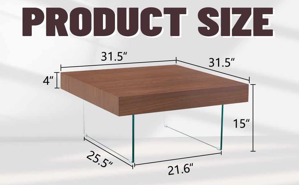 Stylish Square Coffee Table with Glass Legs - Walnut Finish