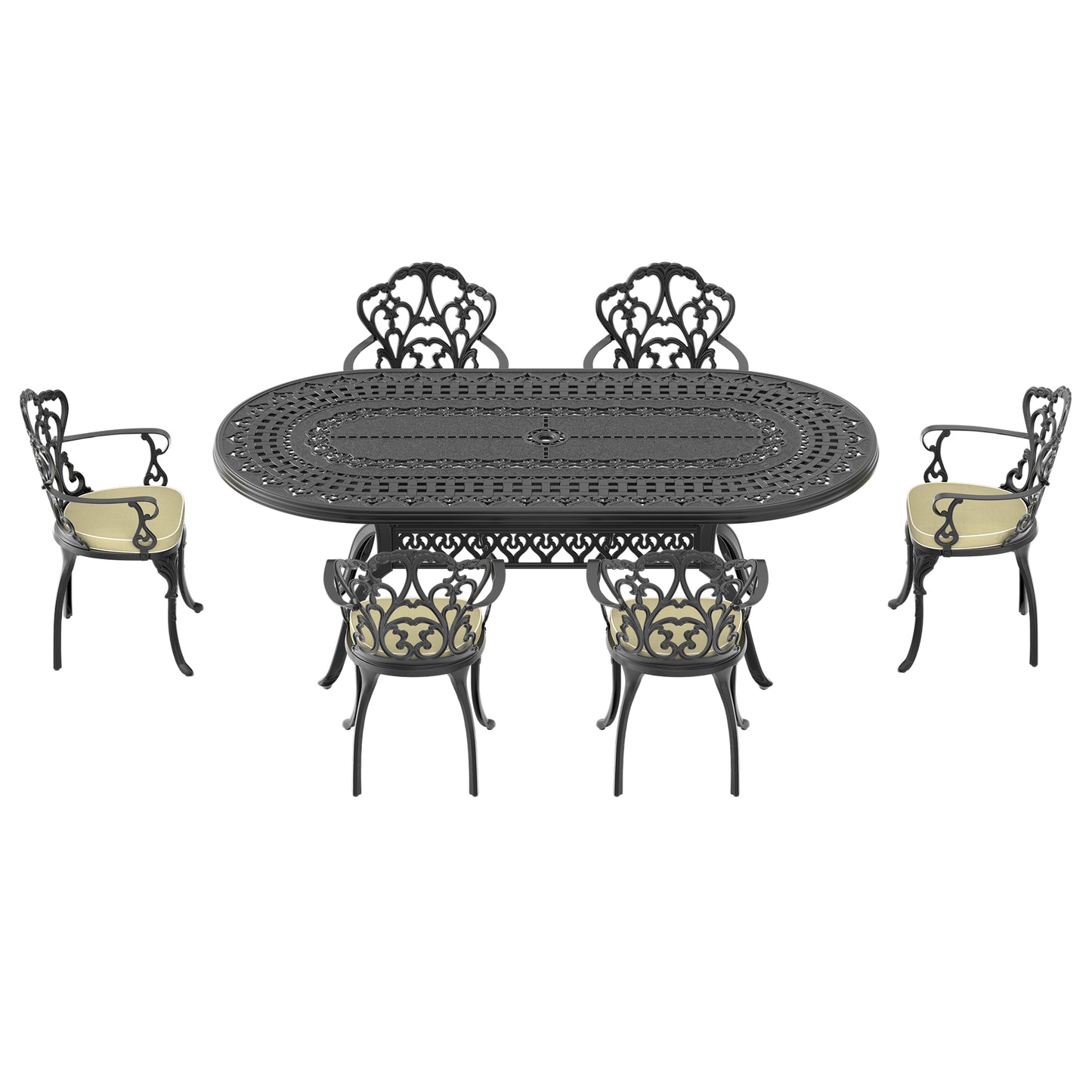 Black cast iron oval dining set with ornate scrollwork and cream cushions