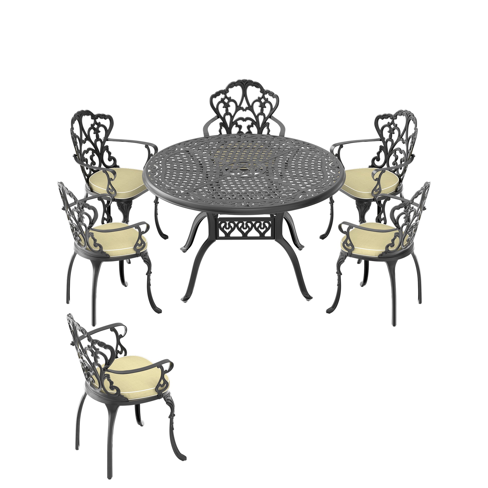 Ornate dark grey cast aluminum patio dining set with beige cushions for outdoor entertaining