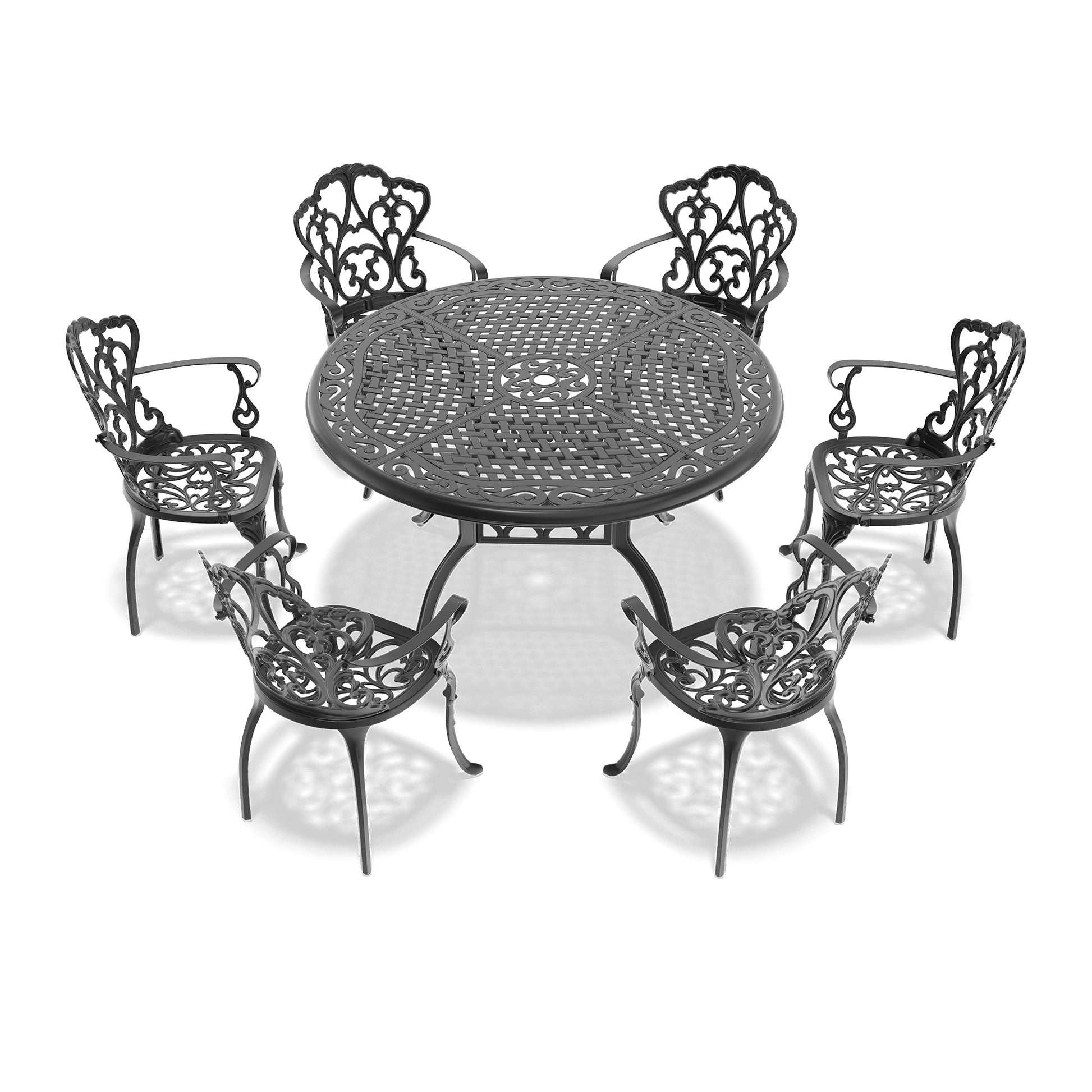 Ornate black cast aluminum outdoor dining set with round table and six chairs