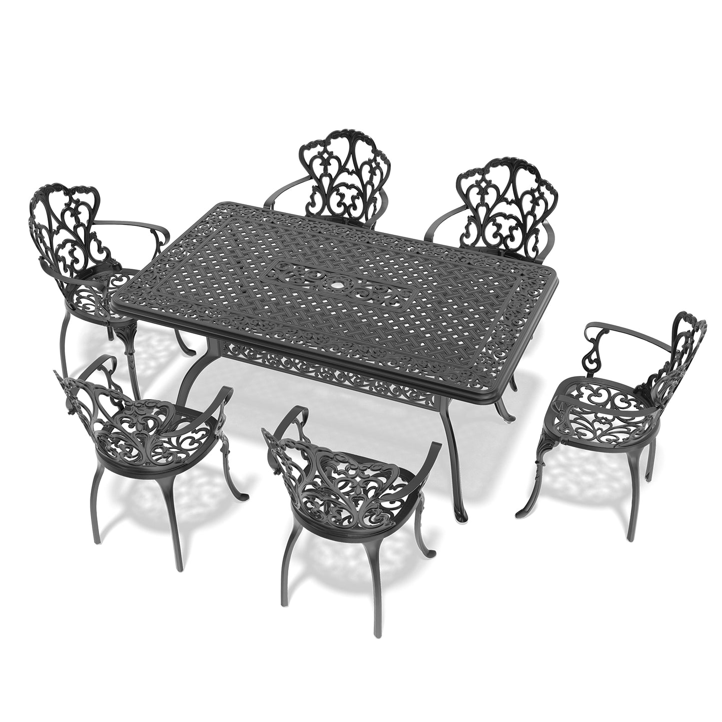 Ornate black cast aluminum patio dining set with intricate scrollwork on chairs and table