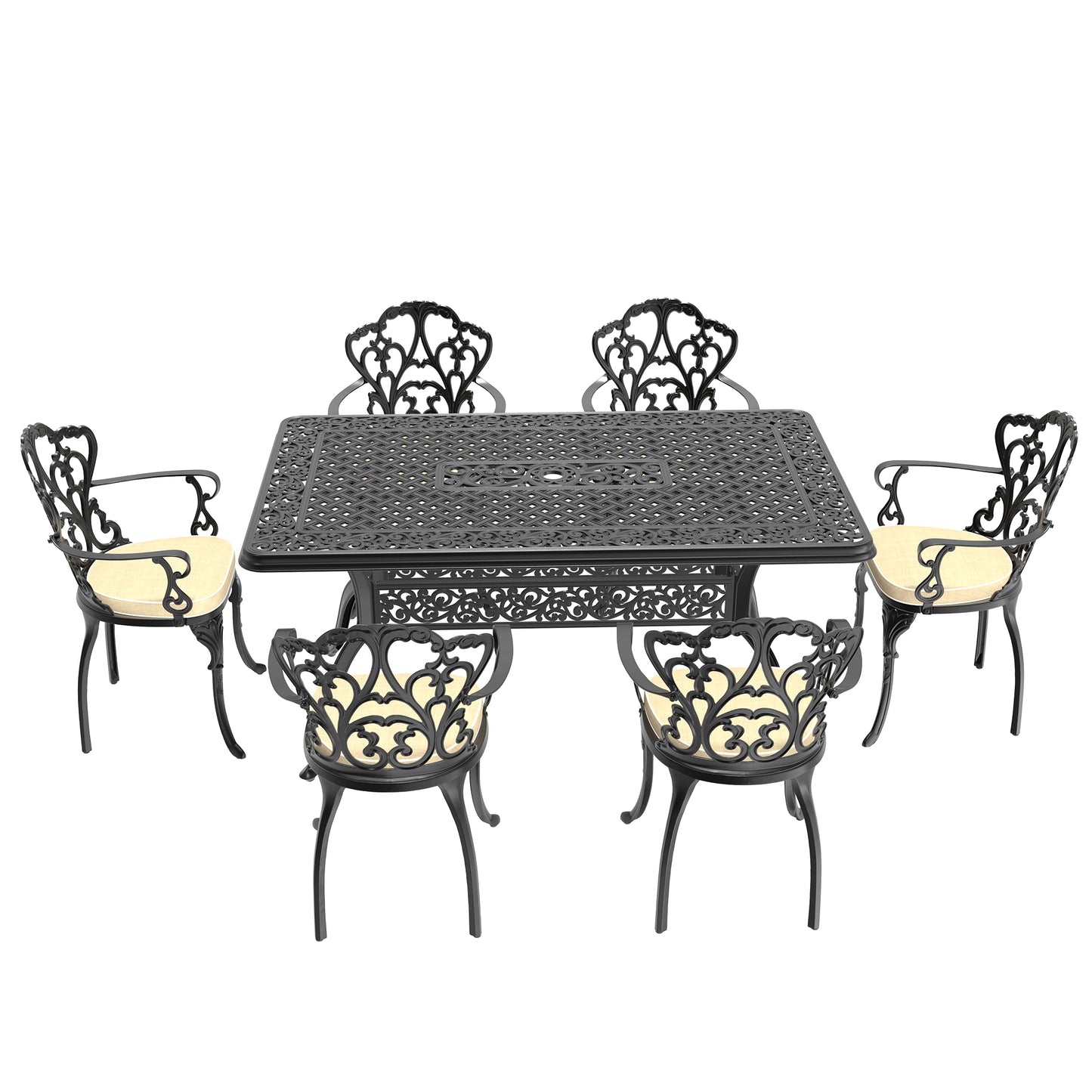 Black ornate cast iron patio dining set with four chairs and light beige cushions