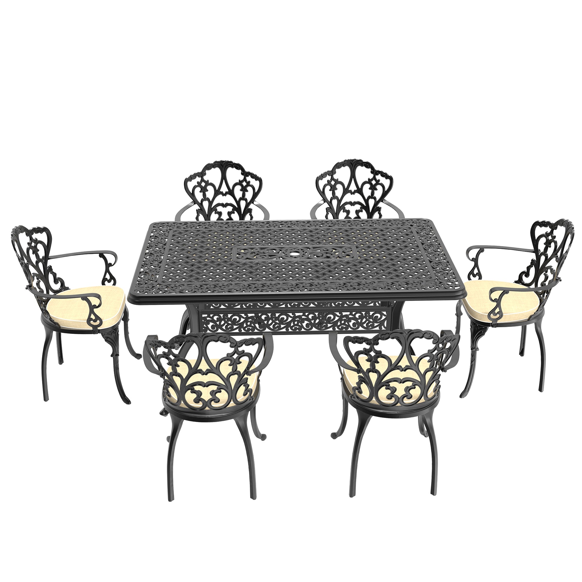 Black ornate cast iron patio dining set with four chairs and light beige cushions