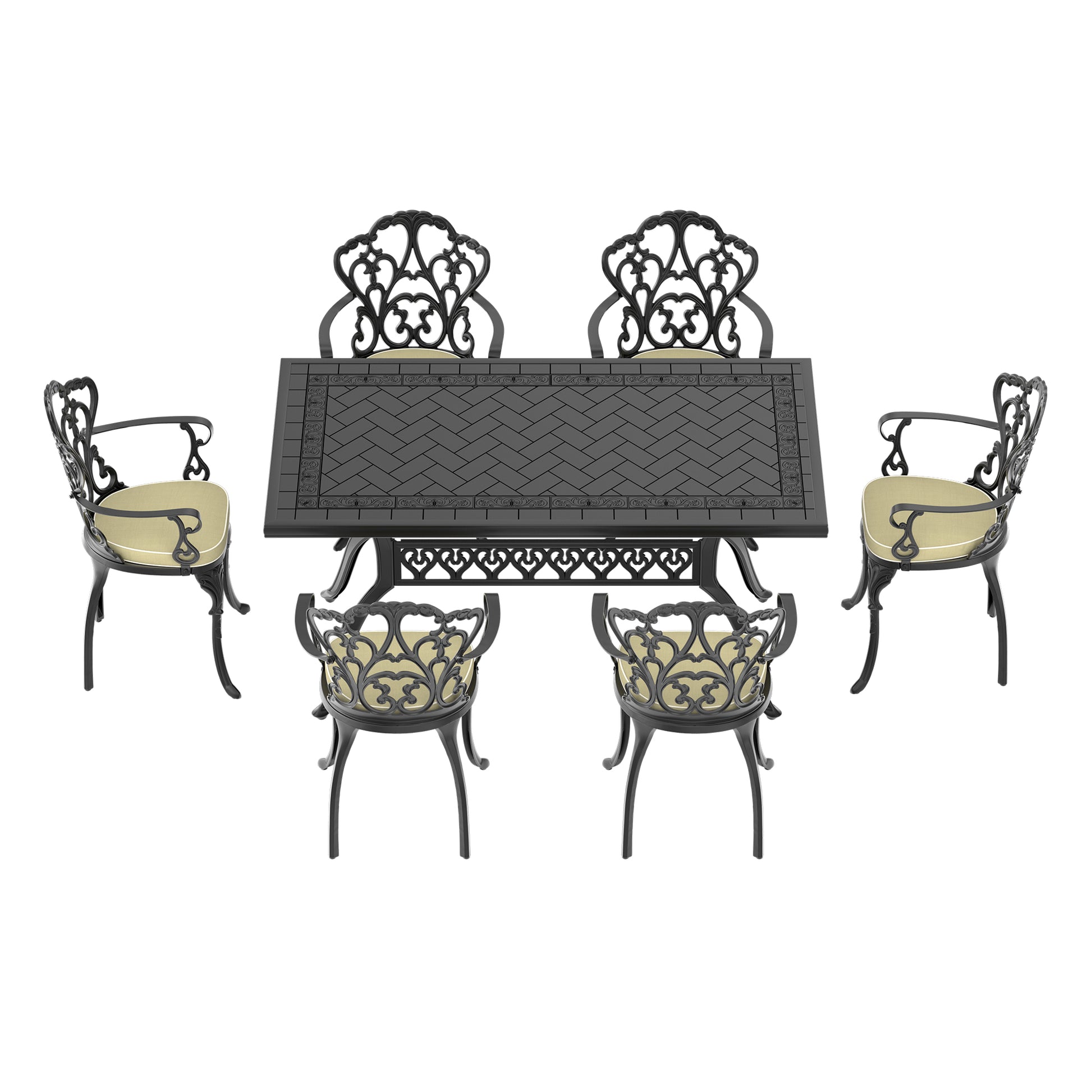 Ornate black cast iron patio dining set with tan cushions four chairs and table