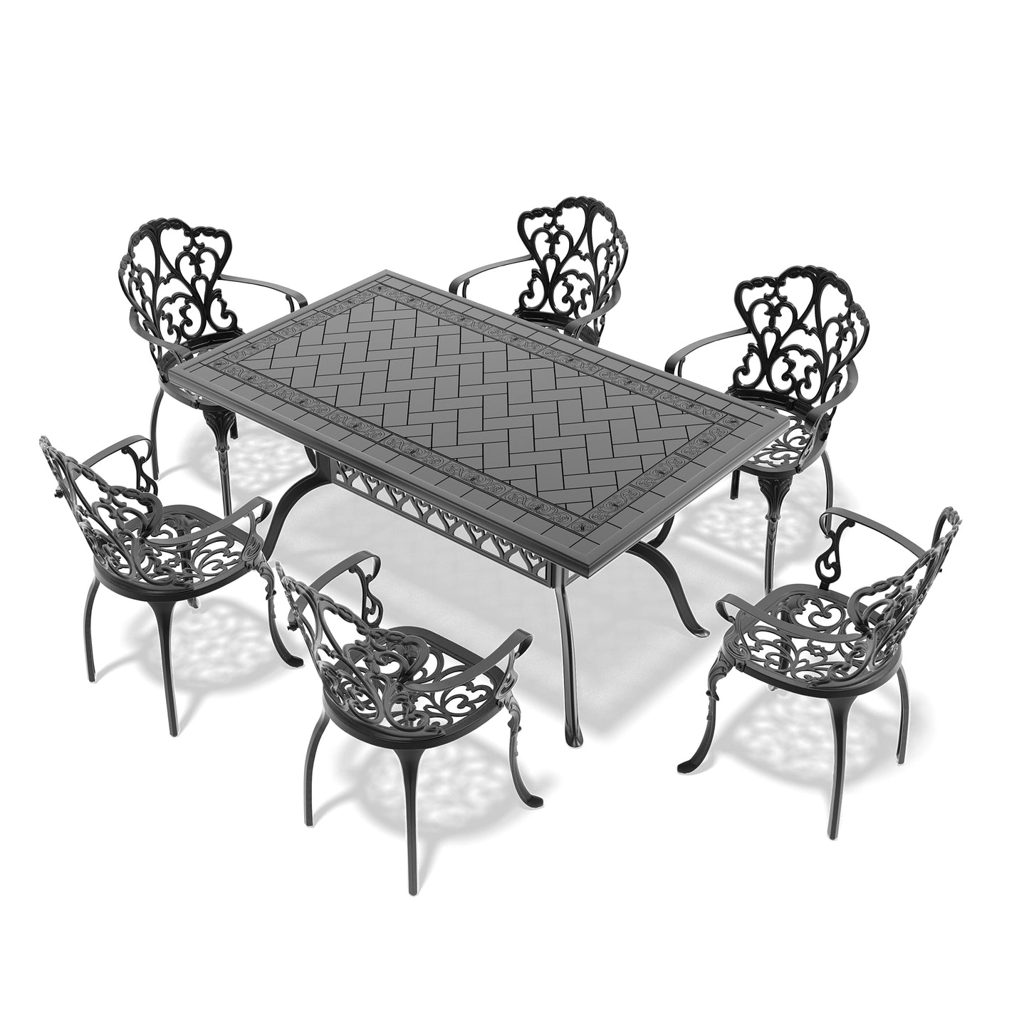Black ornate cast iron patio dining set with ornate chairs and herringbone table pattern