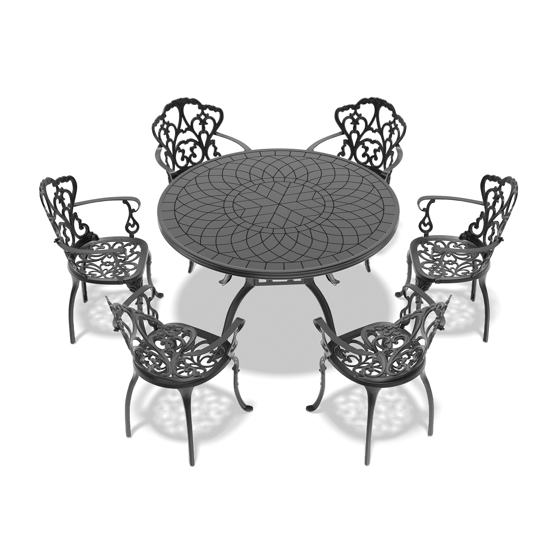 Black cast iron dining set with ornate scrolled chair backs and round mosaicpatterned table