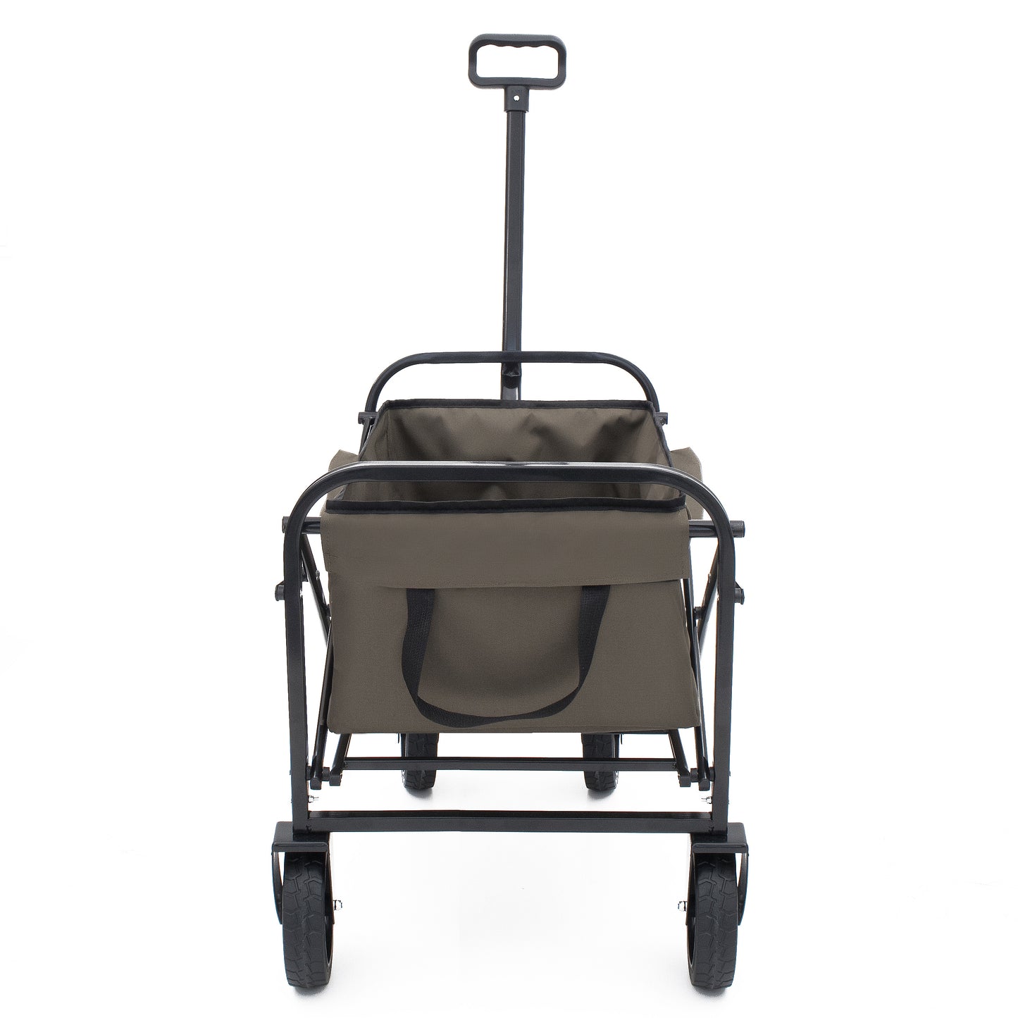 Collapsible wagon in khaki canvas with black telescoping handle and wheels
