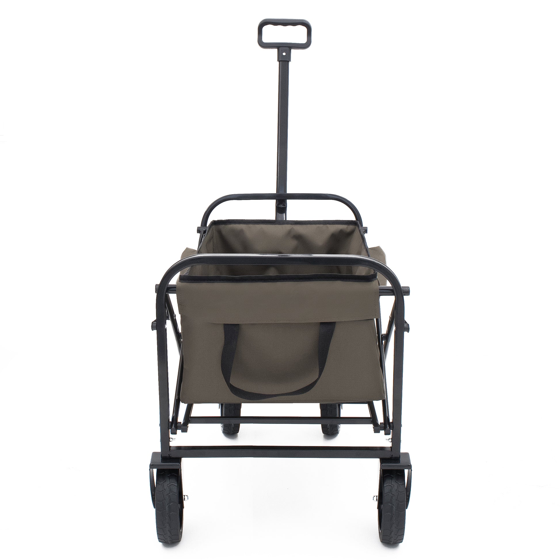 Collapsible wagon in khaki canvas with black telescoping handle and wheels