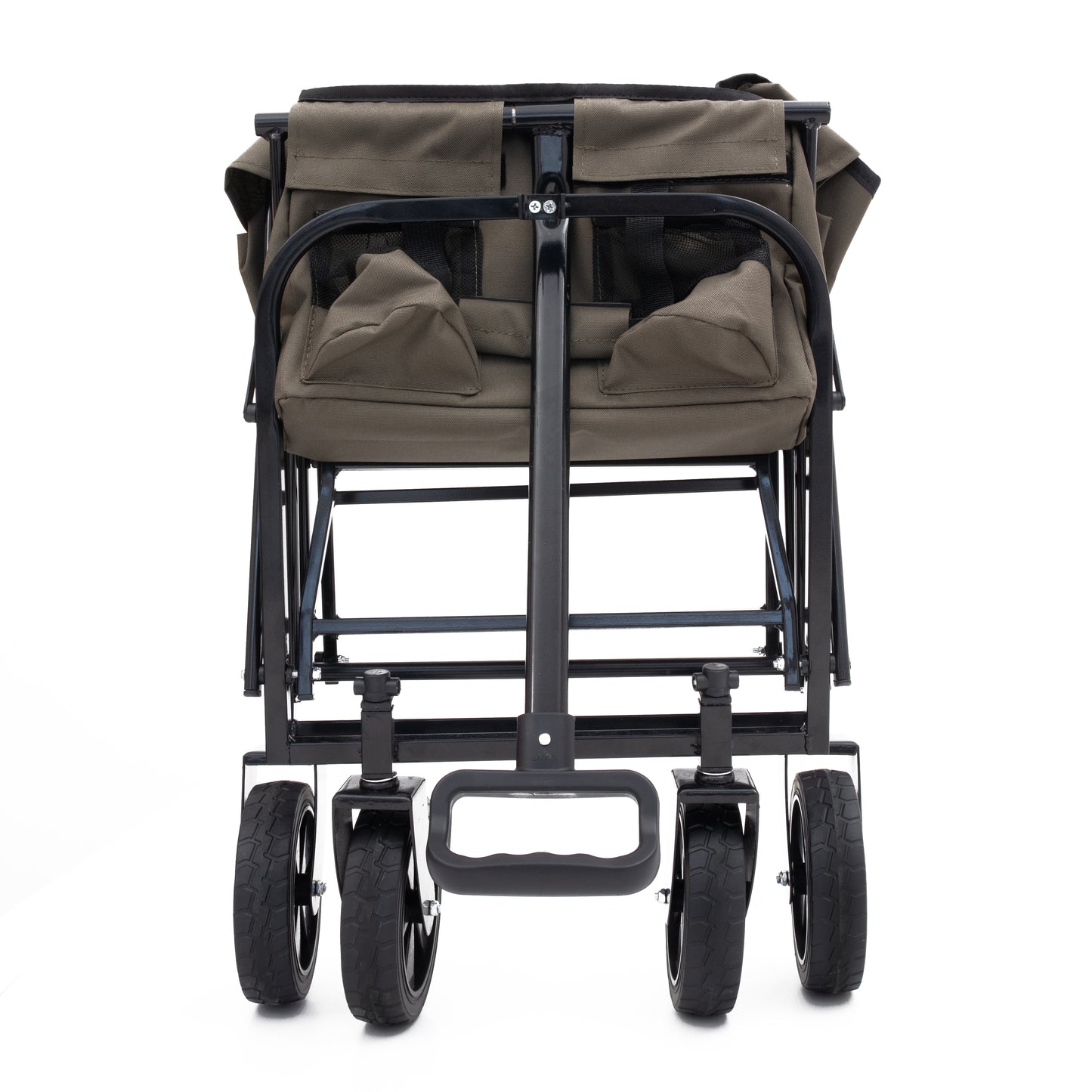 Khaki folding wagon with durable fabric and black steel frame perfect for camping trips