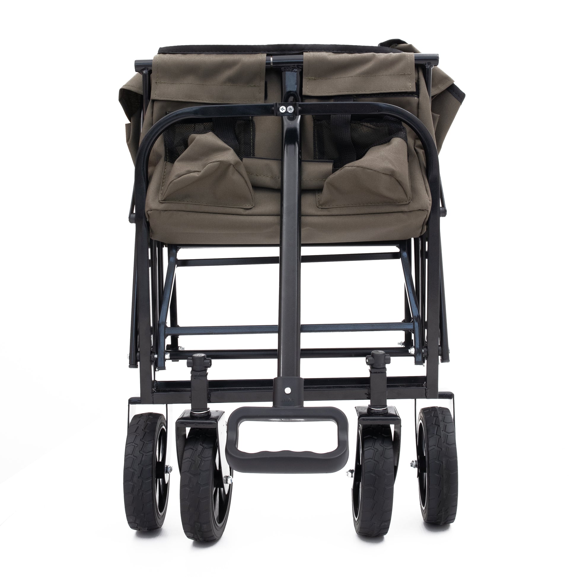 Khaki folding wagon with durable fabric and black steel frame perfect for camping trips