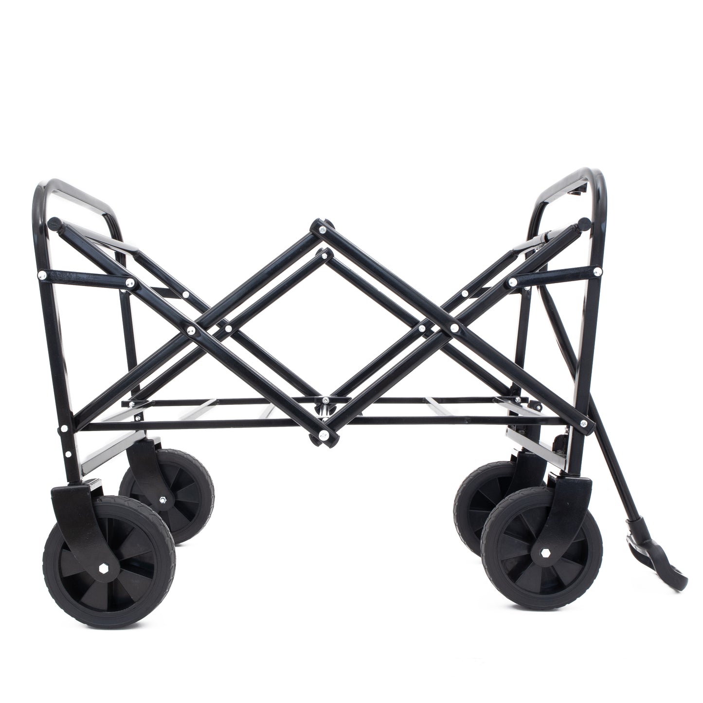 Black folding wagon with sturdy metal frame and four durable wheels for easy transport