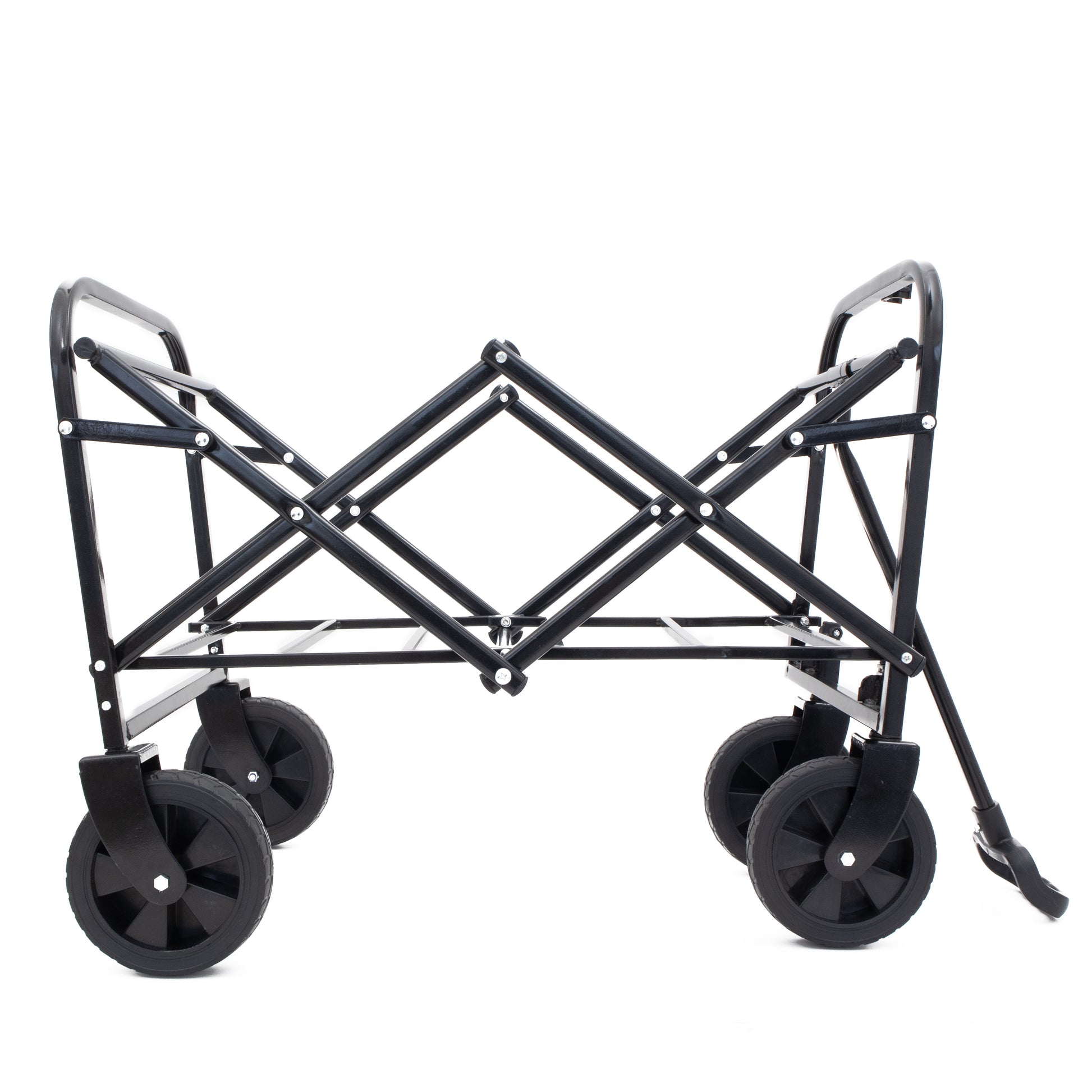 Black folding wagon with sturdy metal frame and four durable wheels for easy transport