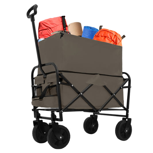Brown folding wagon loaded with camping gear including orange bags and a blue mat